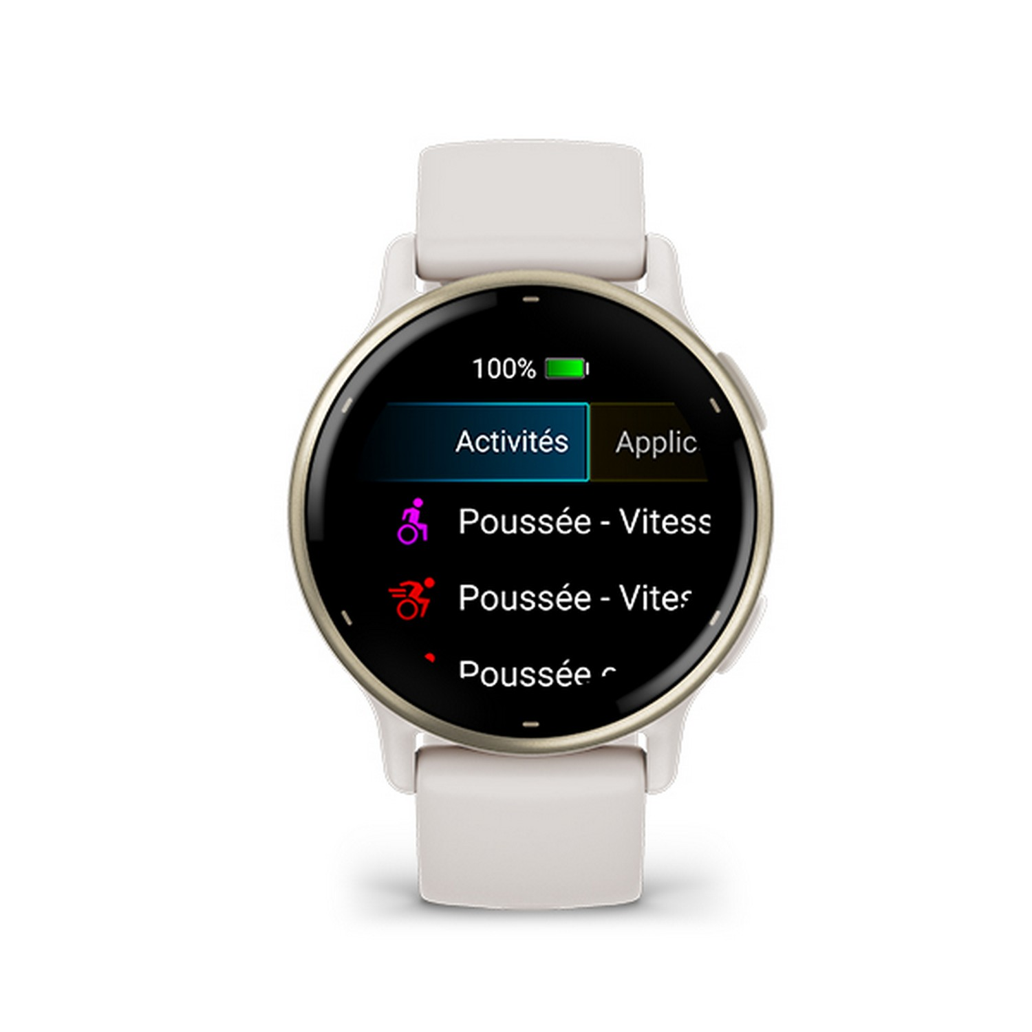 A white smartwatch on a white surface. The screen displays 'Activities' and 'Applic' with icons.