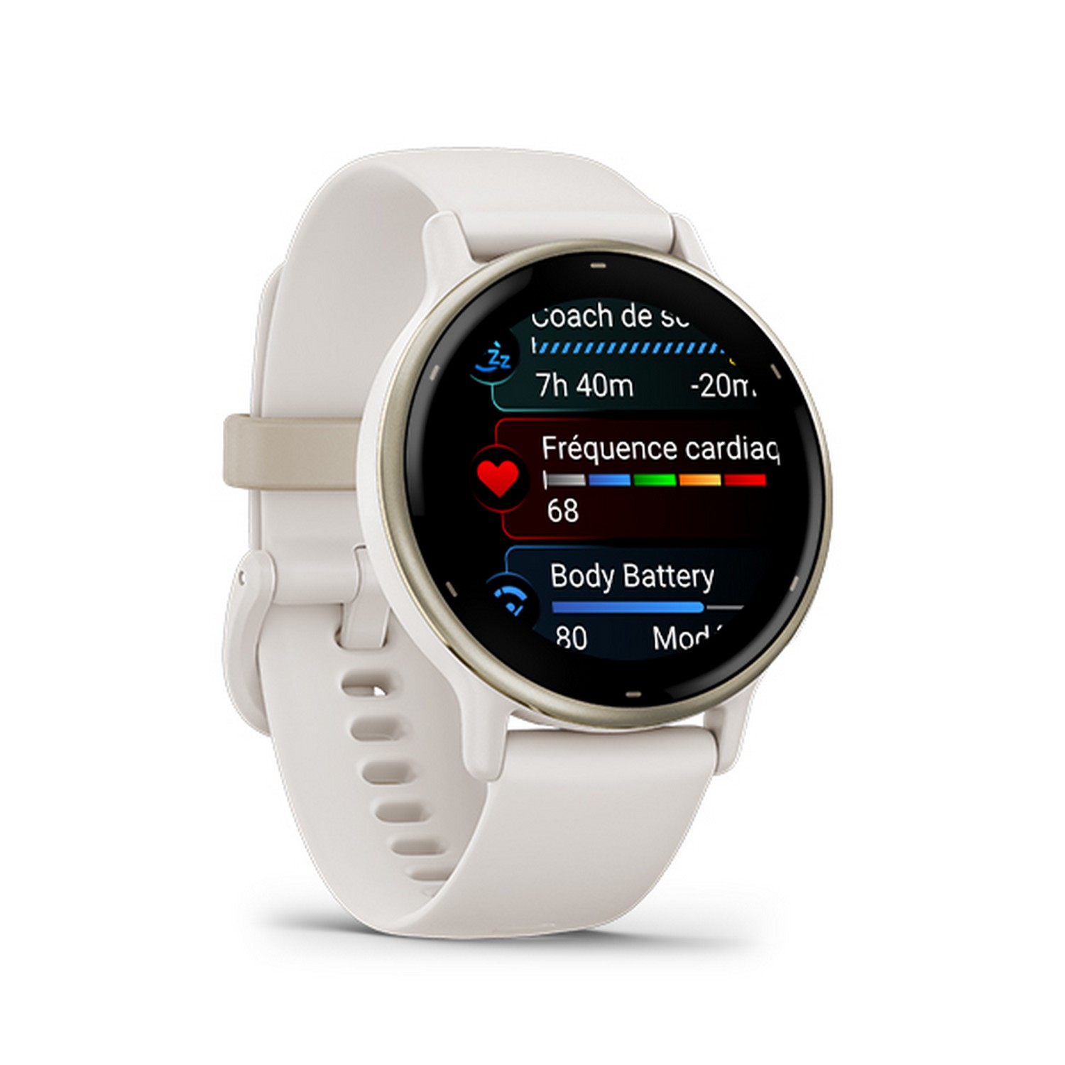 A white smartwatch displays health metrics on its screen. It has a silver bezel and white band.