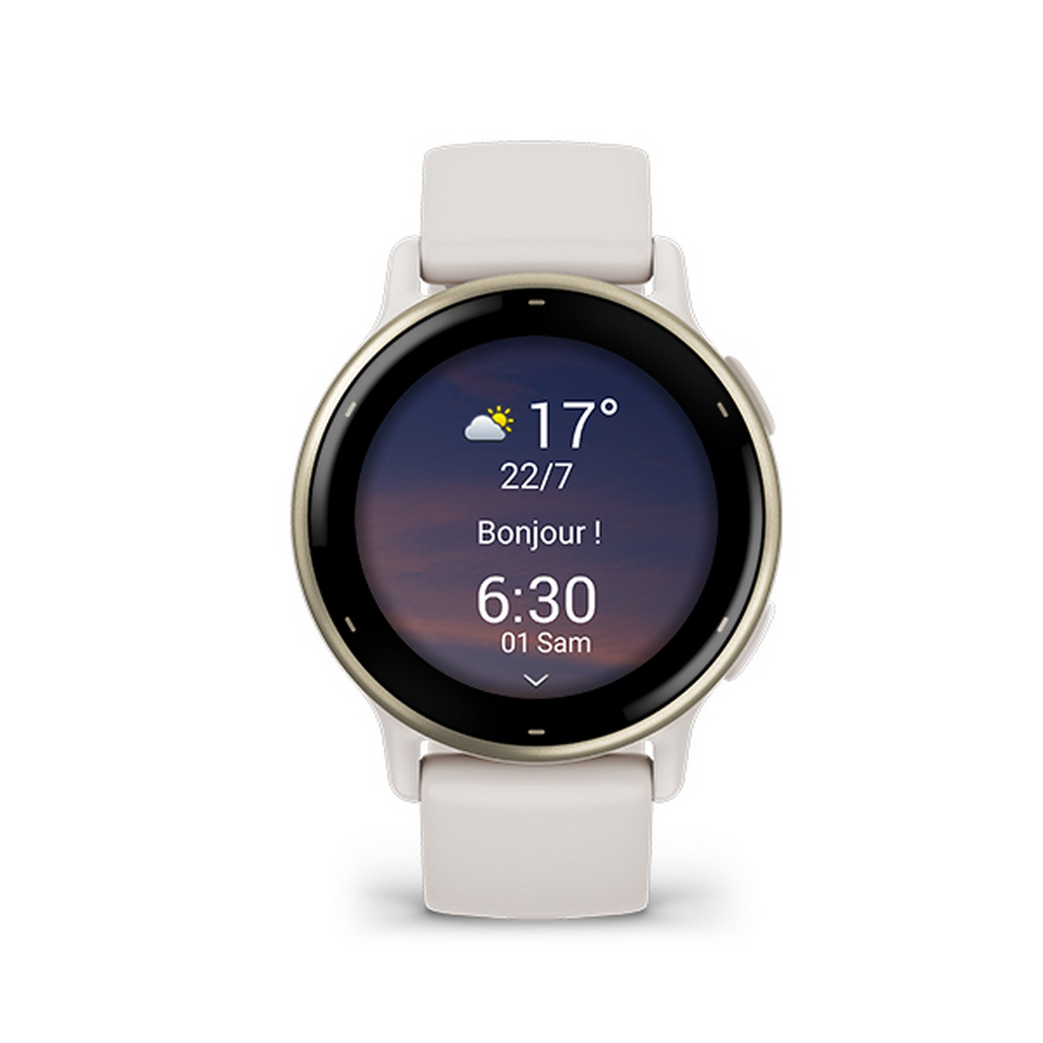 A white smartwatch on a white surface. The screen displays time and weather information.
