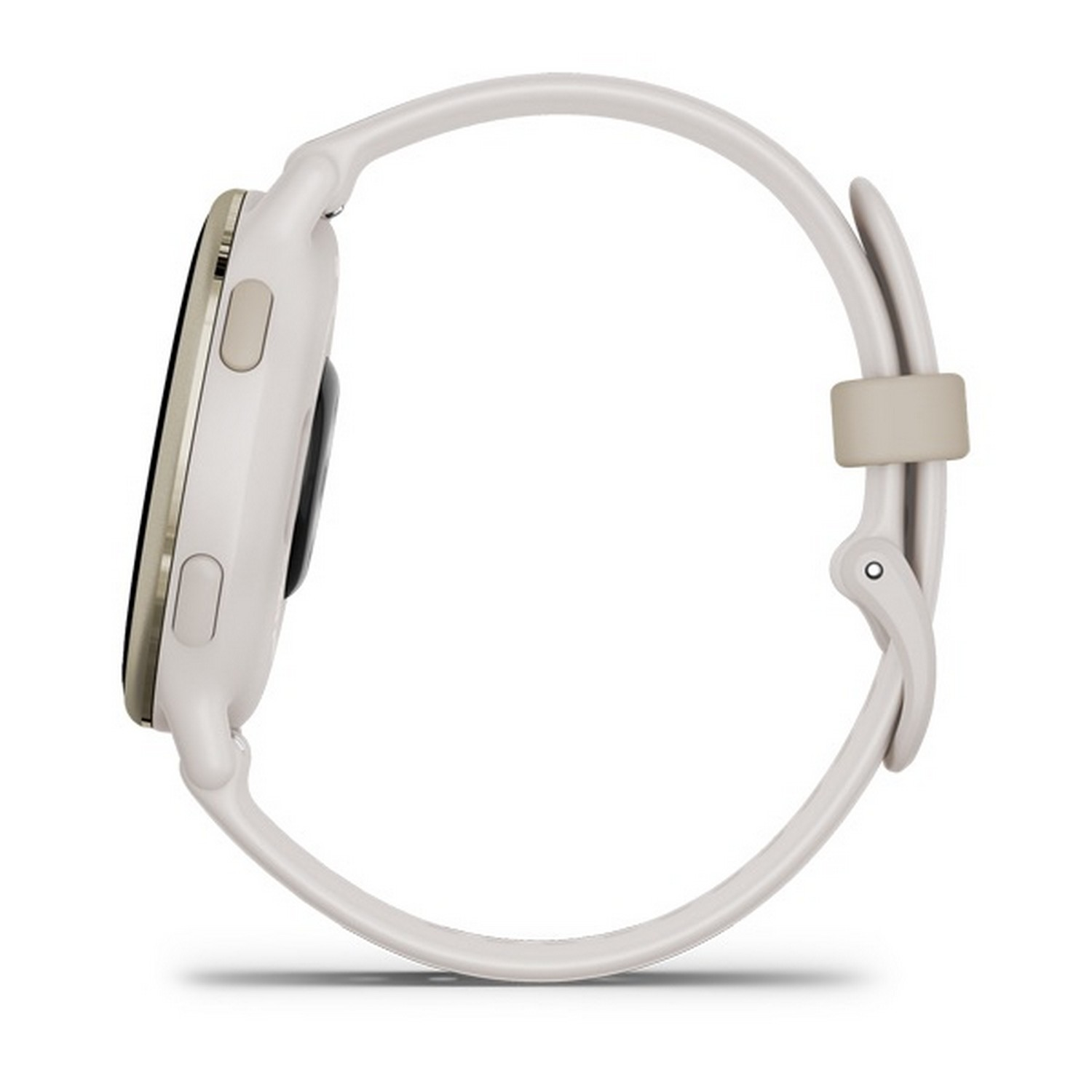 A side view of a light-colored smartwatch with a round face and a band.