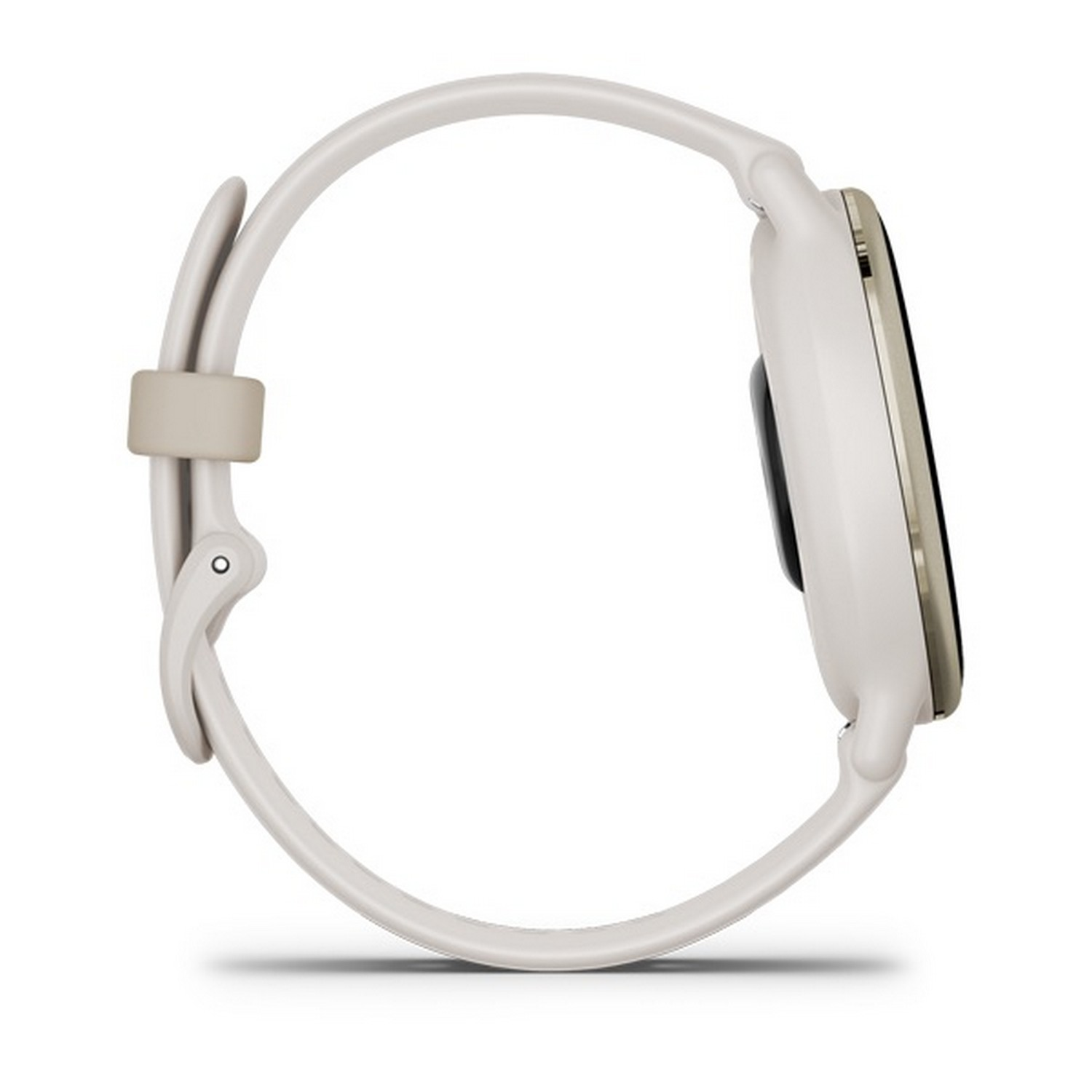 Side view of a cream-colored smartwatch with a light beige strap, white background.