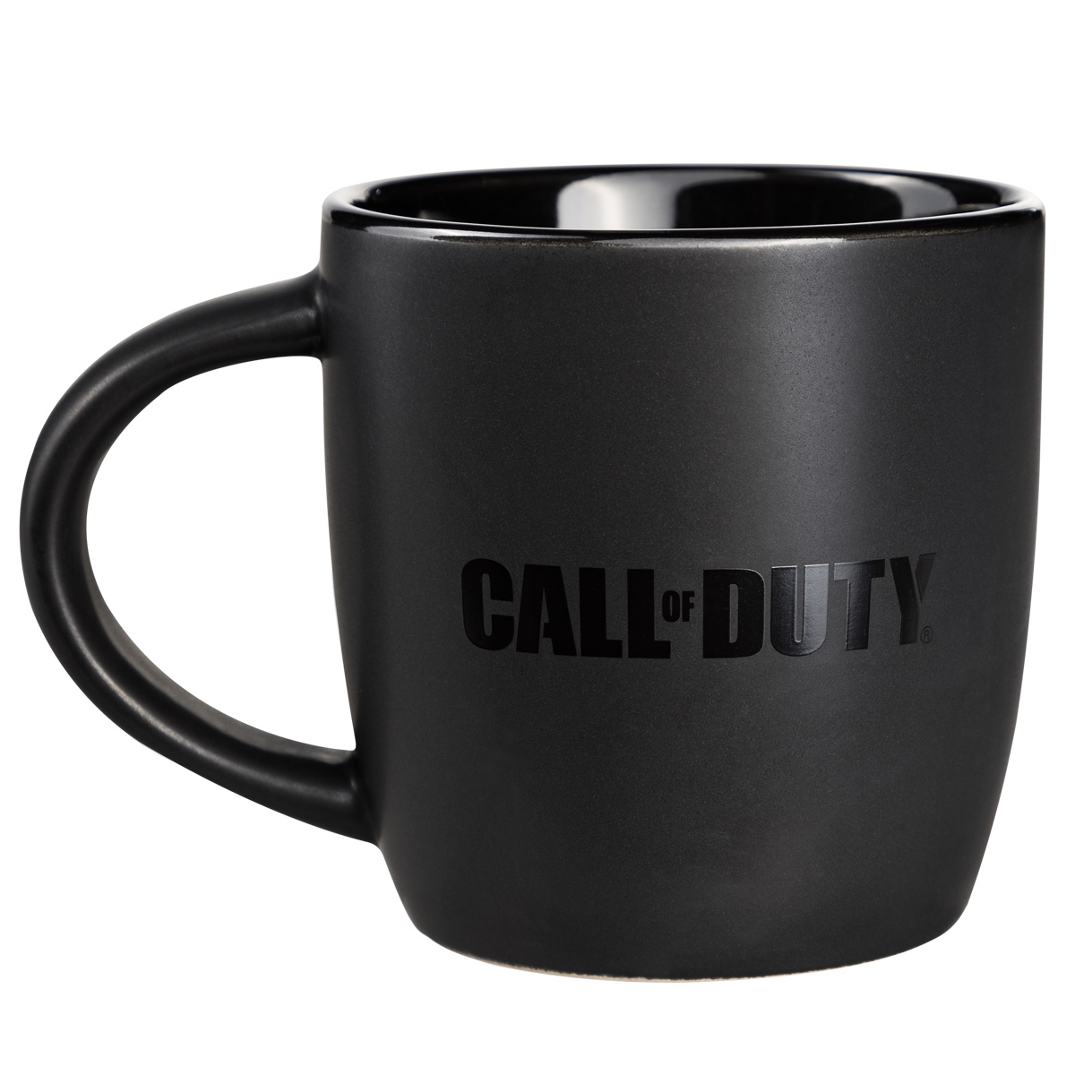 Schwarze Call of Duty Tasse mit Henkel, Text in der Mitte.