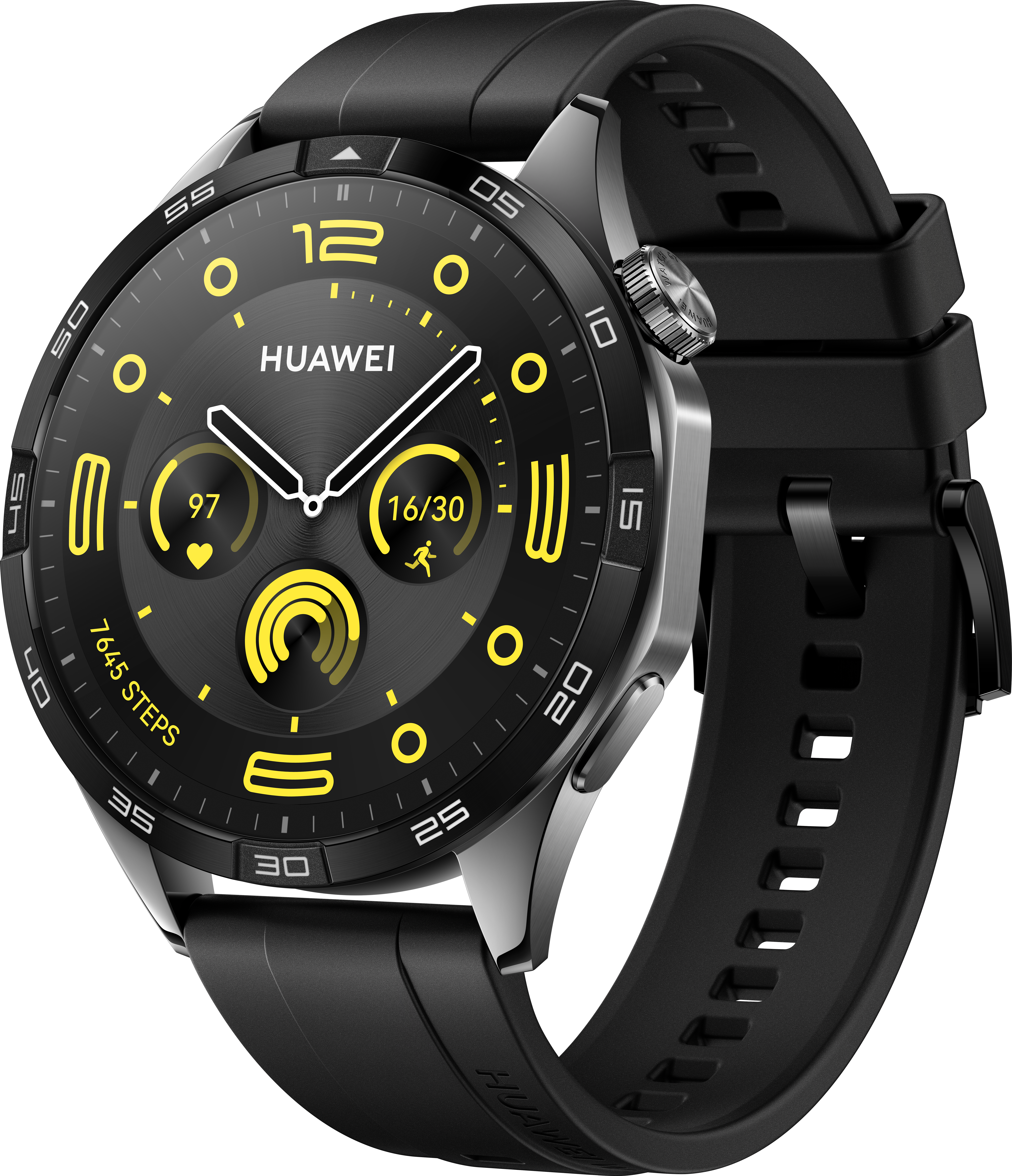 Une montre connectée Huawei noire avec écran jaune et noir, affichant pas, fréquence cardiaque et heure.