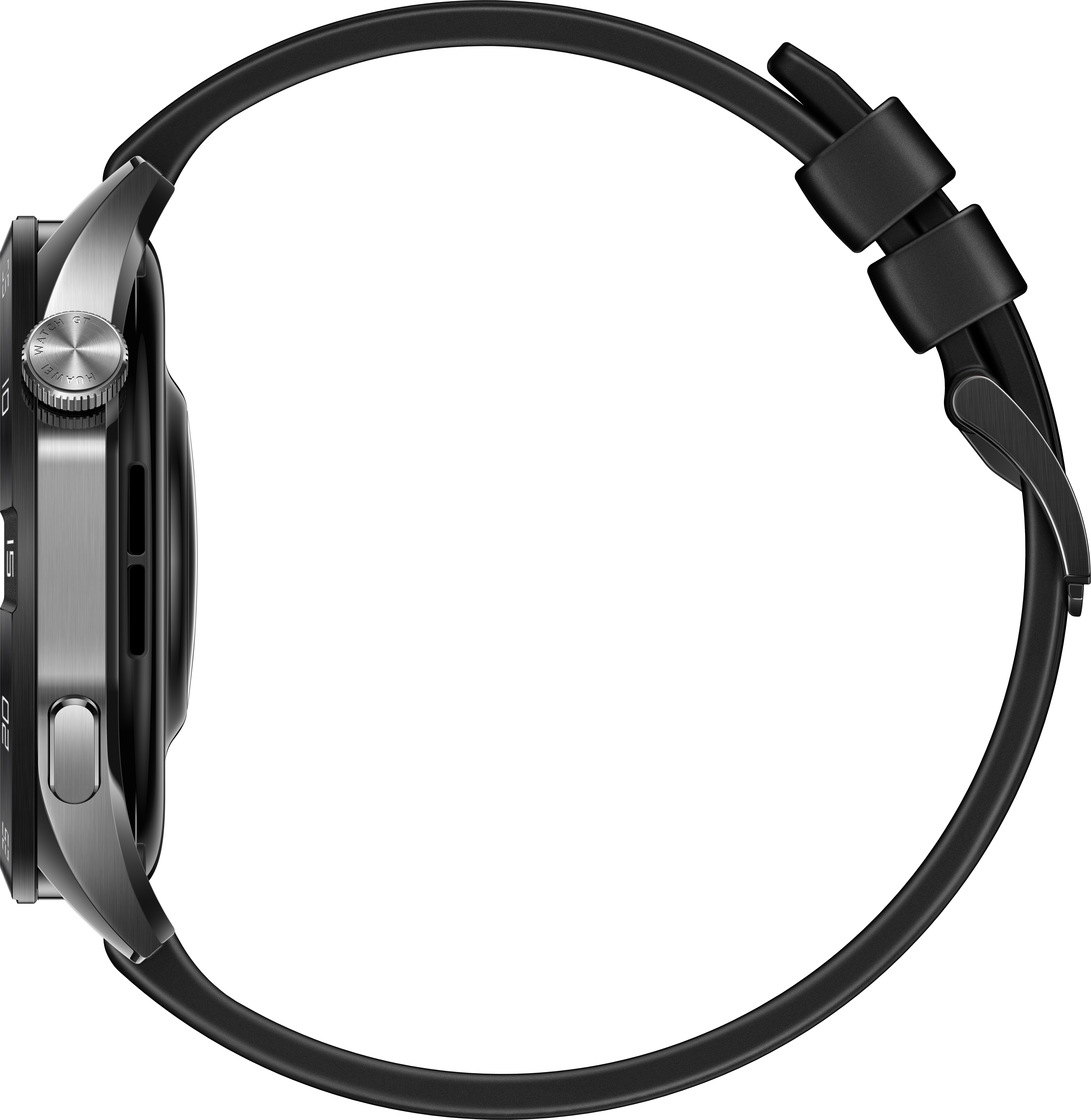 Une montre connectée noire avec un bracelet incurvé, vue de côté.
