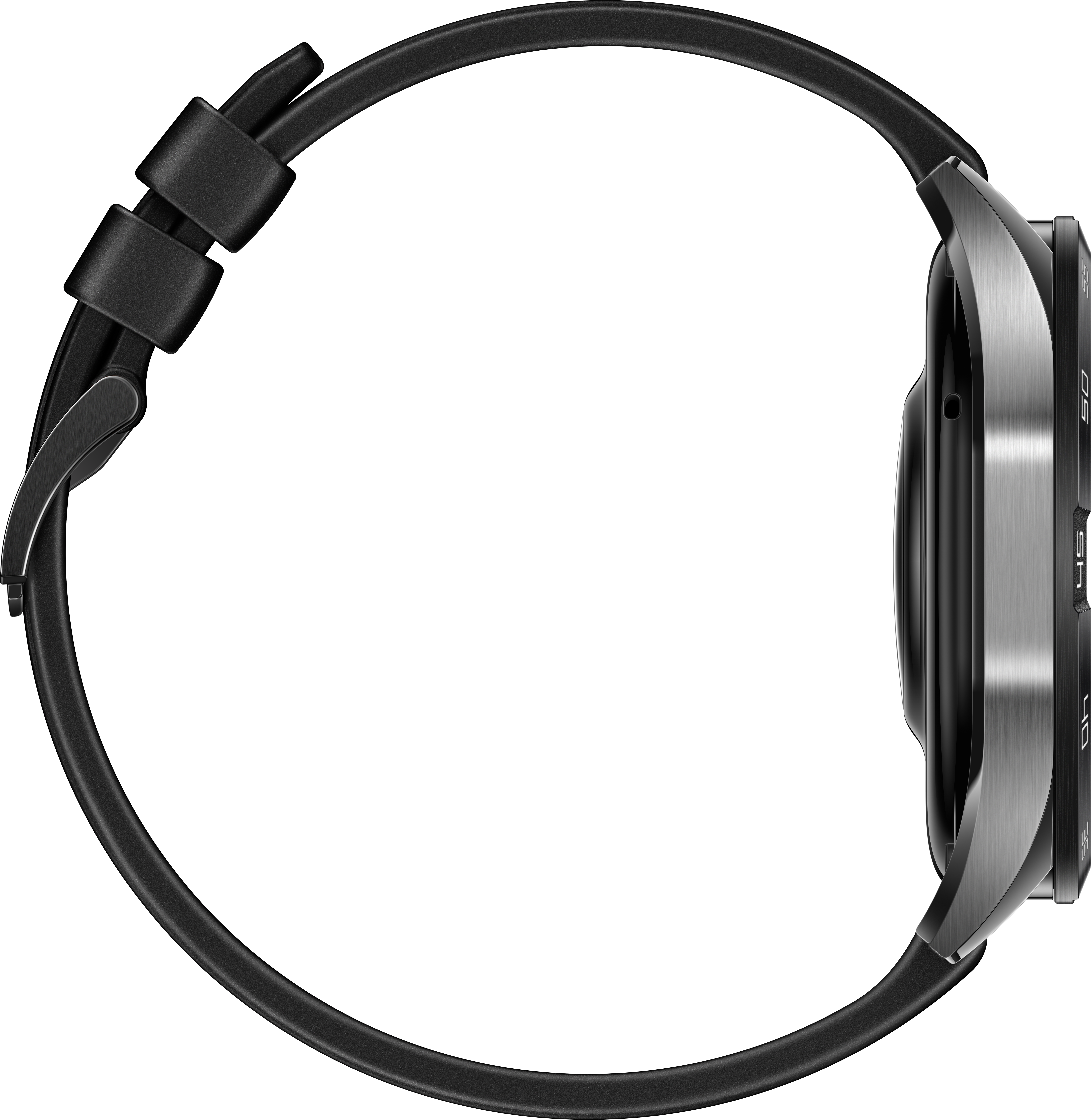 Vue latérale d'une montre connectée avec un bracelet noir. Le cadran affiche des repères temporels et des chiffres.