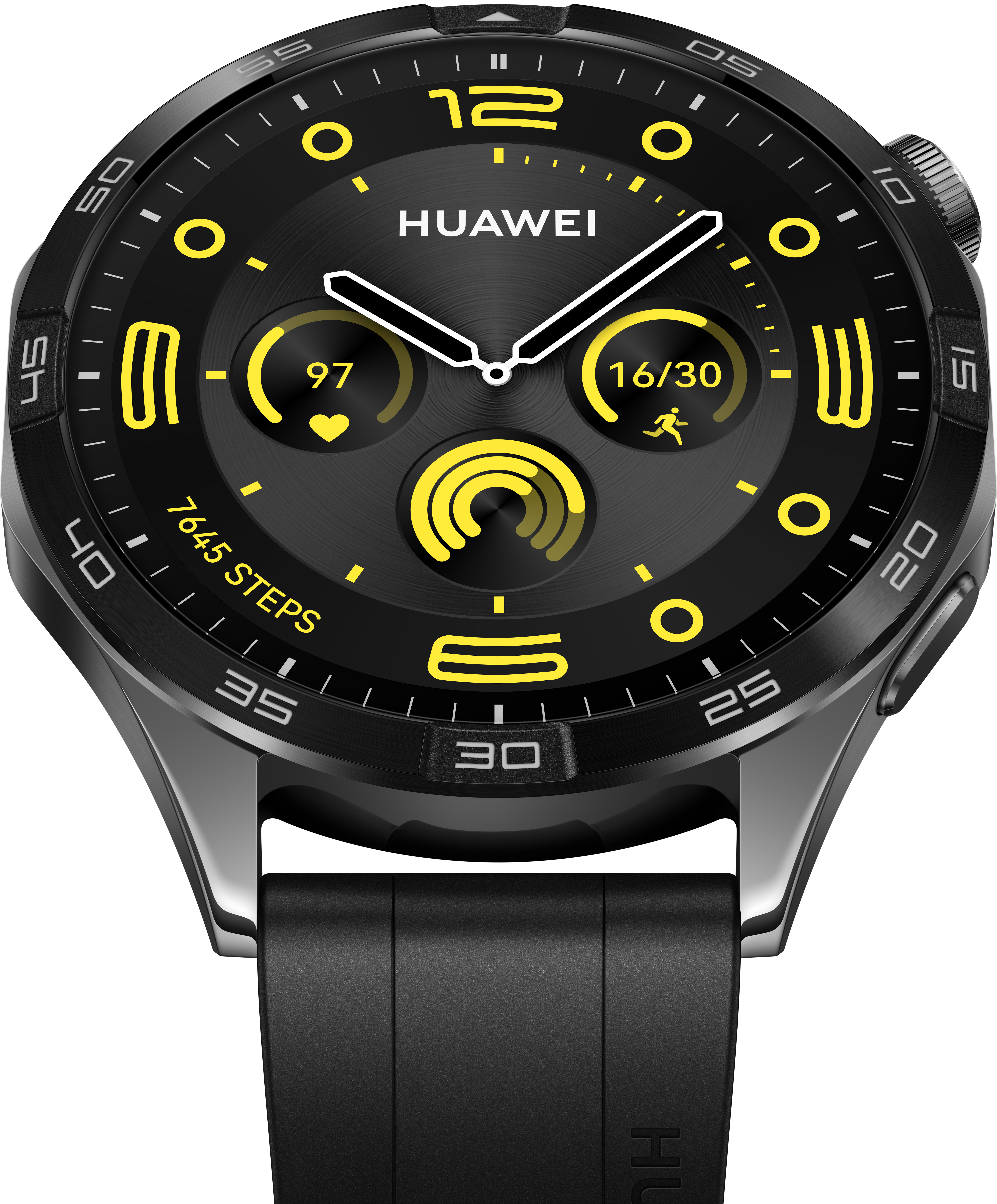 Une montre connectée noire avec un bracelet noir et des détails jaunes sur l'écran.