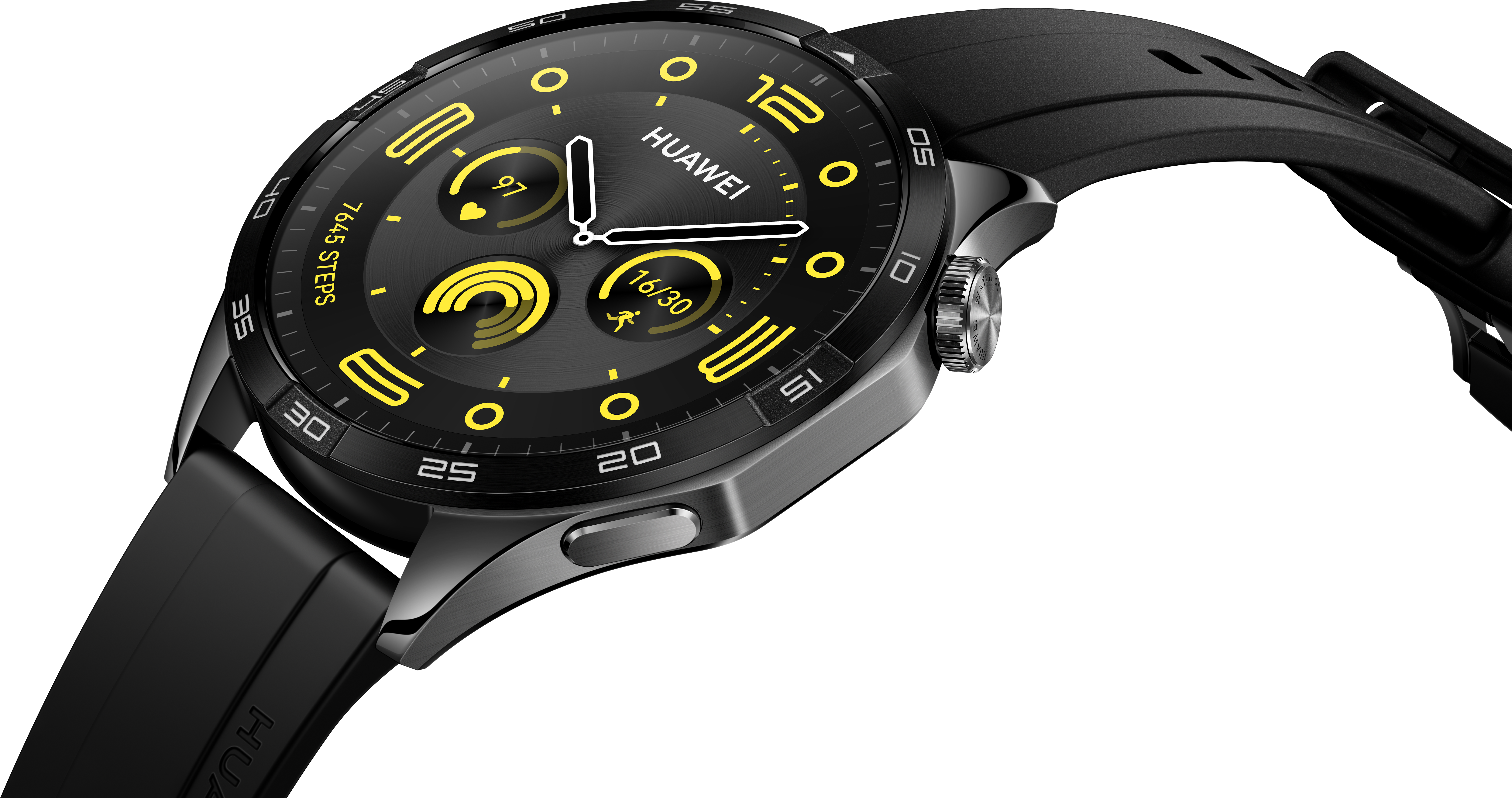 Gros plan d'une smartwatch noire avec bracelet noir. Le cadran affiche des détails jaunes. Le fond est blanc.