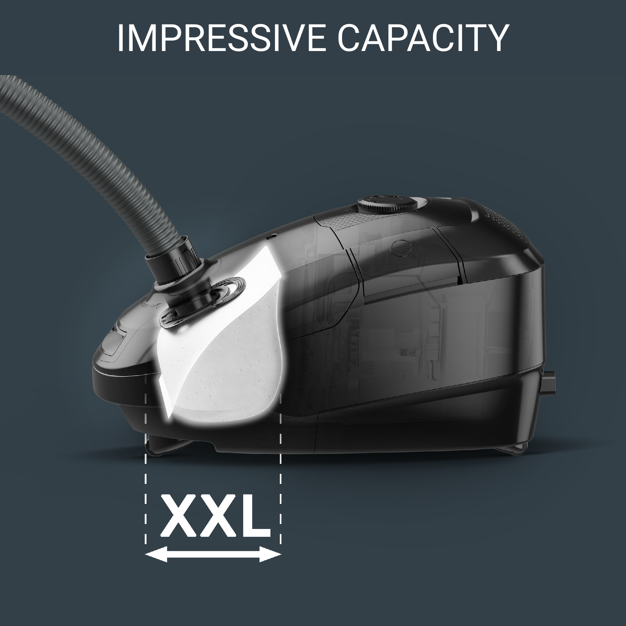 A black vacuum cleaner with an highlighted white area, labeled 'XXL', on a dark background.
