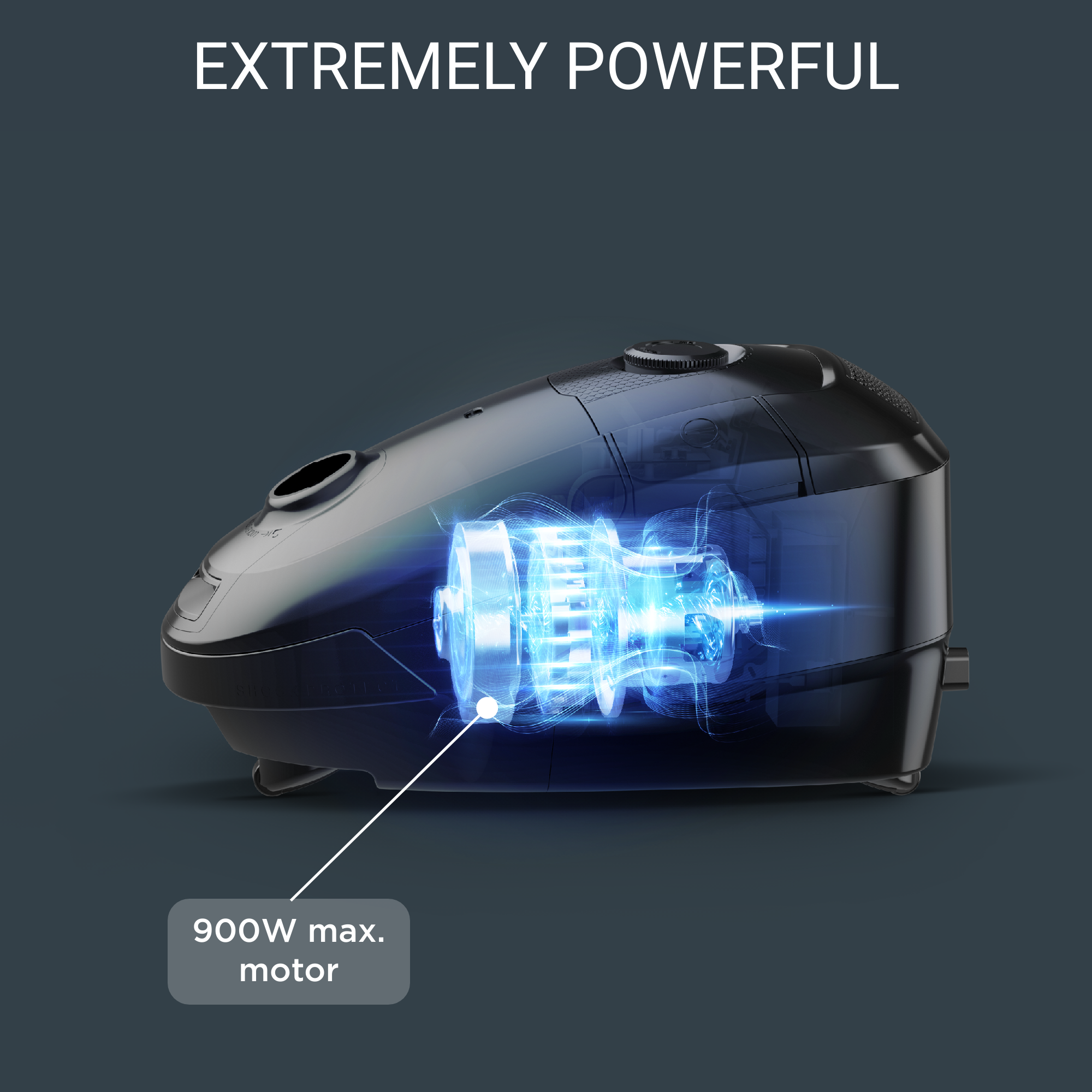 Black appliance interior with a glowing blue motor diagram, against a dark gray background.