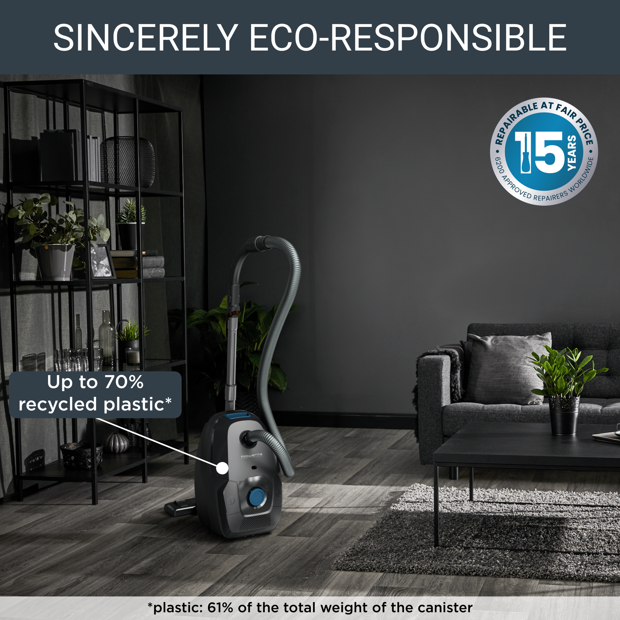 A vacuum cleaner with a hose, near a plant, with text about recycled plastic and eco-responsibility.