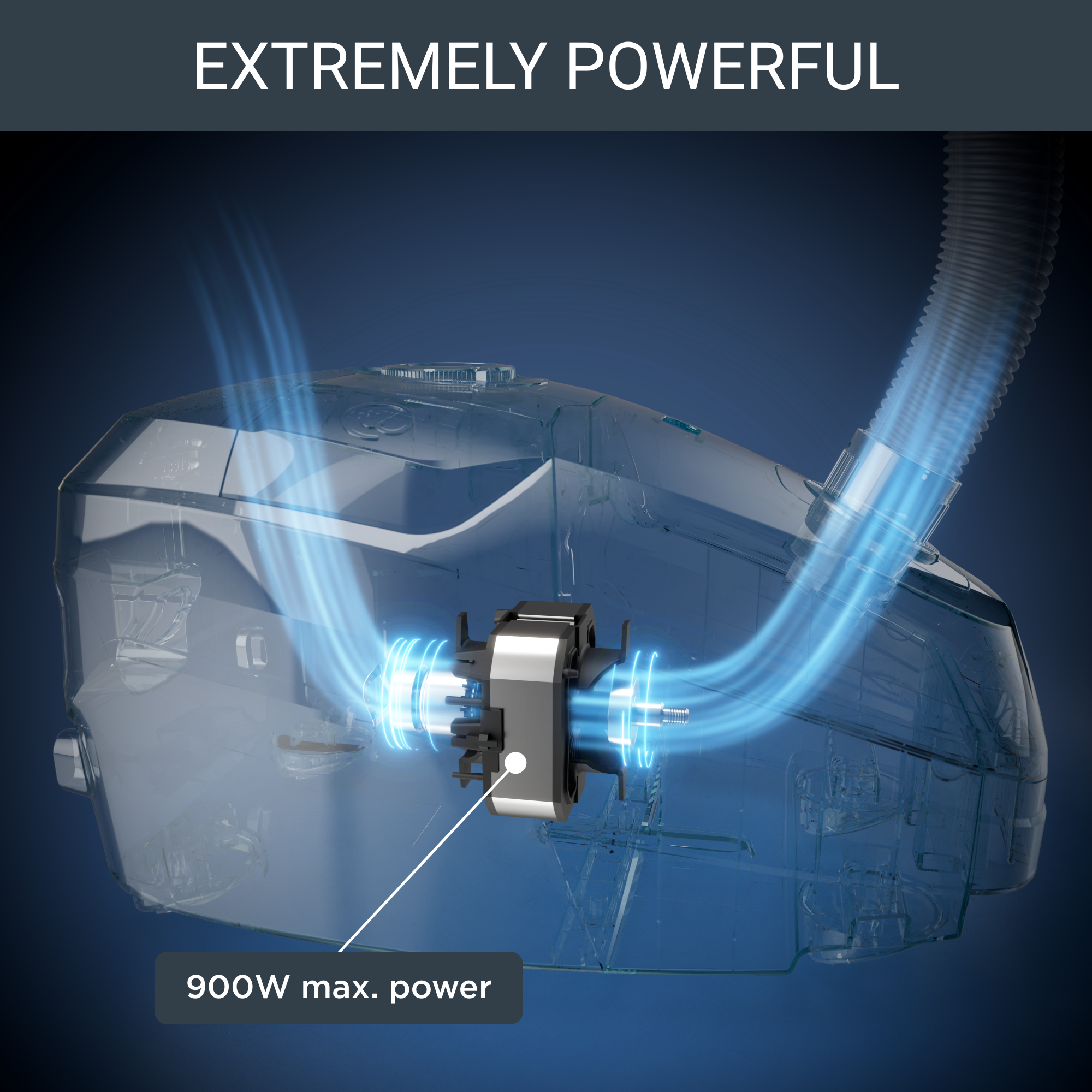 Diagram of a transparent machine with blue lights and a motor labeled as max power 900W.
