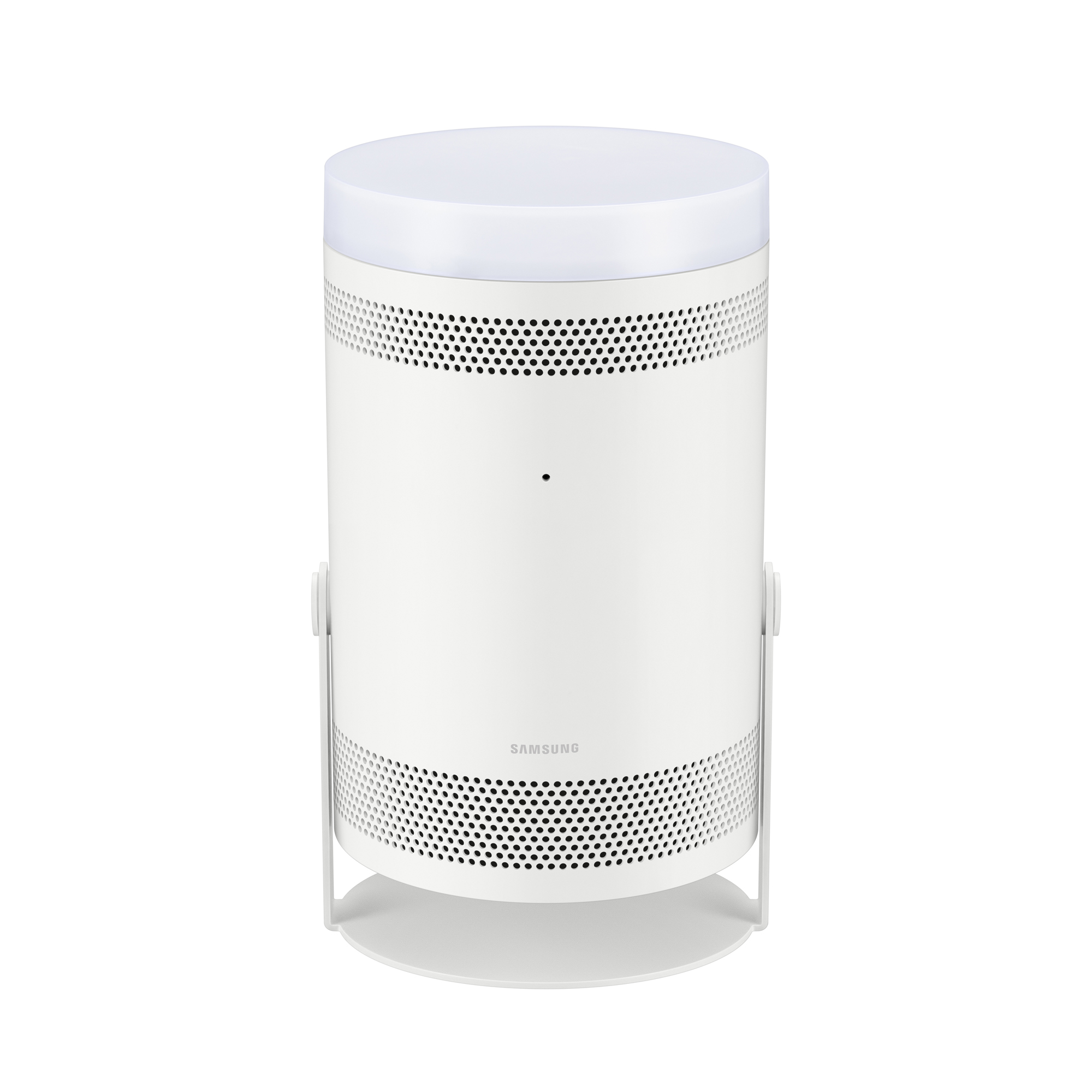 Proyector Samsung blanco, cilíndrico con puntos negros, sobre base y soportes circulares blancos.