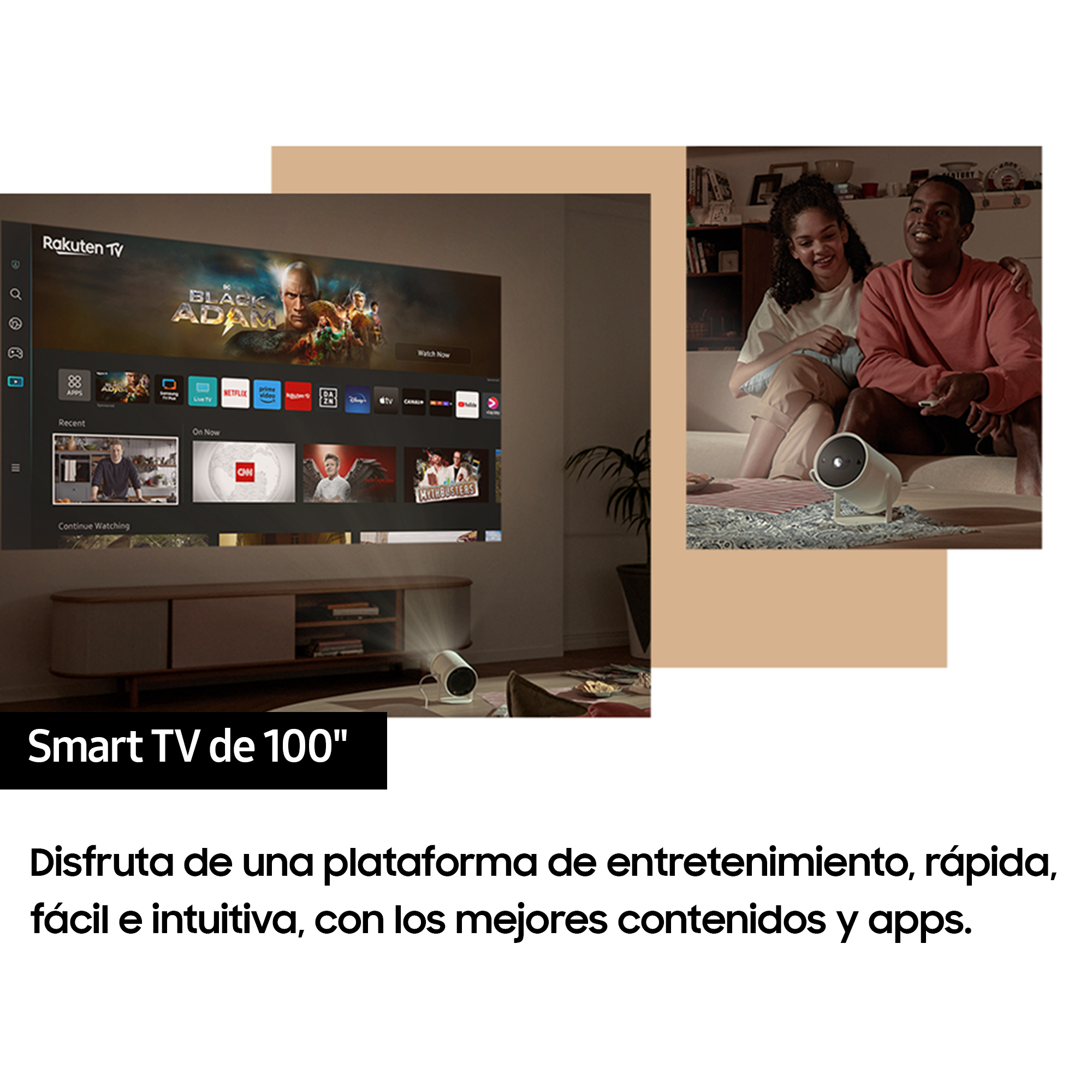 Una pantalla grande muestra contenido de TV. Una pareja está sentada, un proyector blanco está en el suelo.