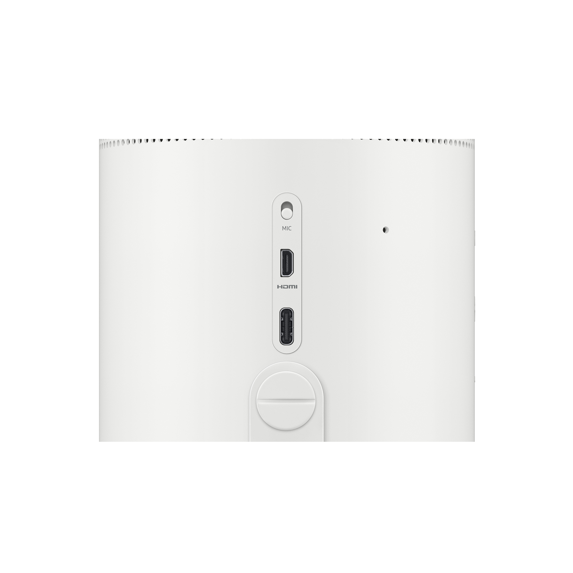 Altavoz cilíndrico blanco con micrófono, puertos HDMI y USB-C. Fondo blanco.