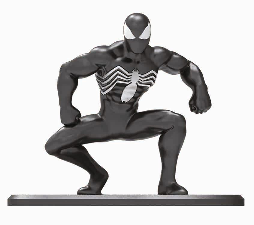 Schwarze Spider-Man-Figur in hockender Pose auf einem Ständer.