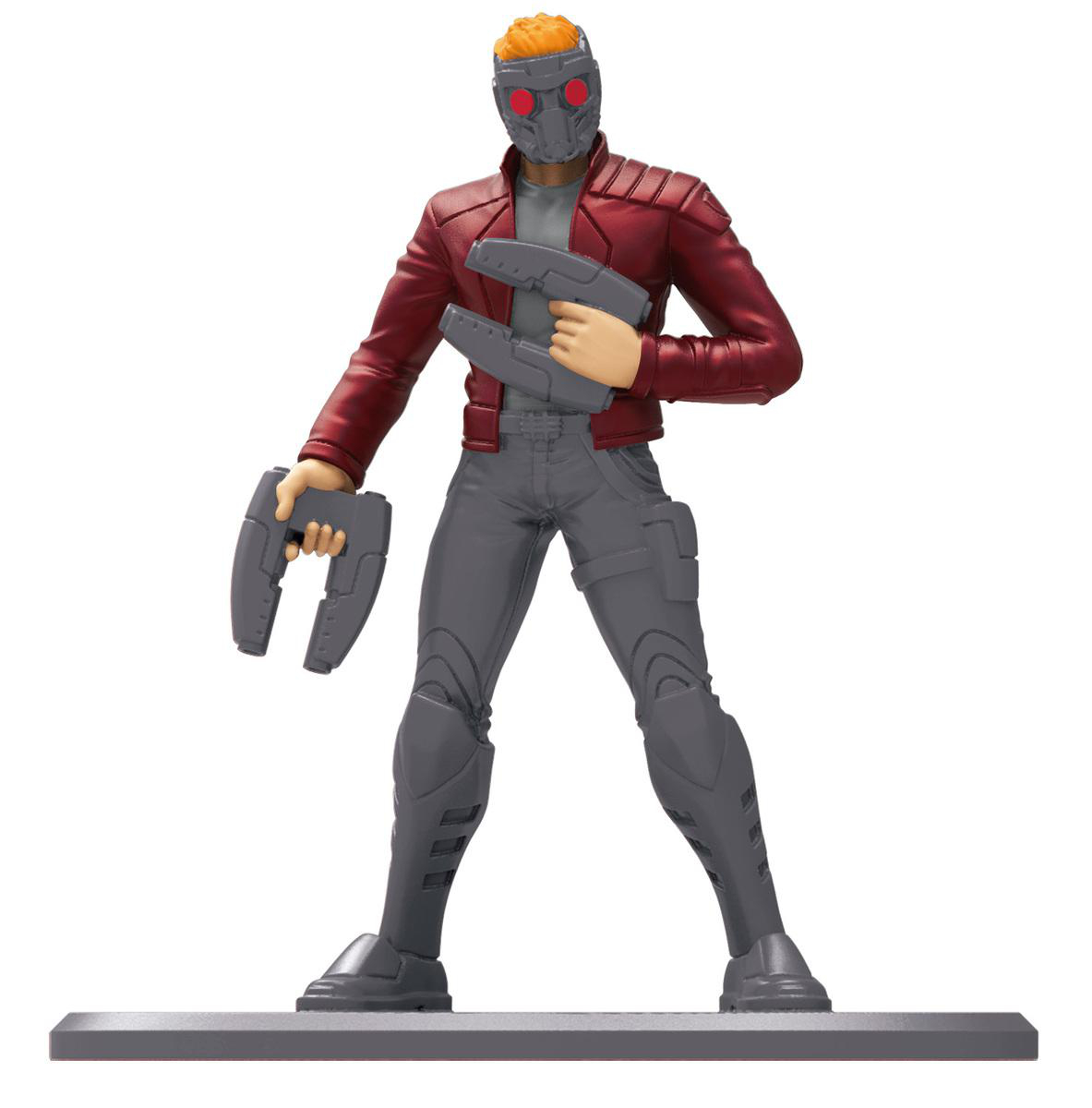 Eine Star-Lord-Figur in einer roten Jacke, die zwei Waffen hält, auf grauer Basis steht.
