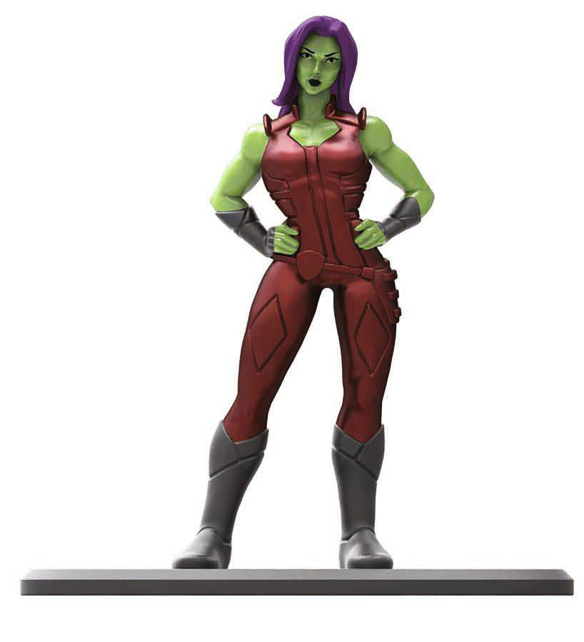 Weibliche Superheldenfigur, grüne Haut, rotes Kostüm, lila Haare.