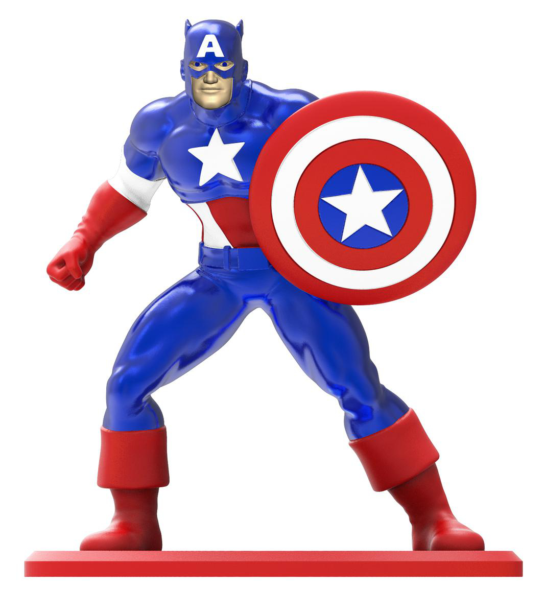 Captain America Figur in klassischer Pose, Schild haltend.