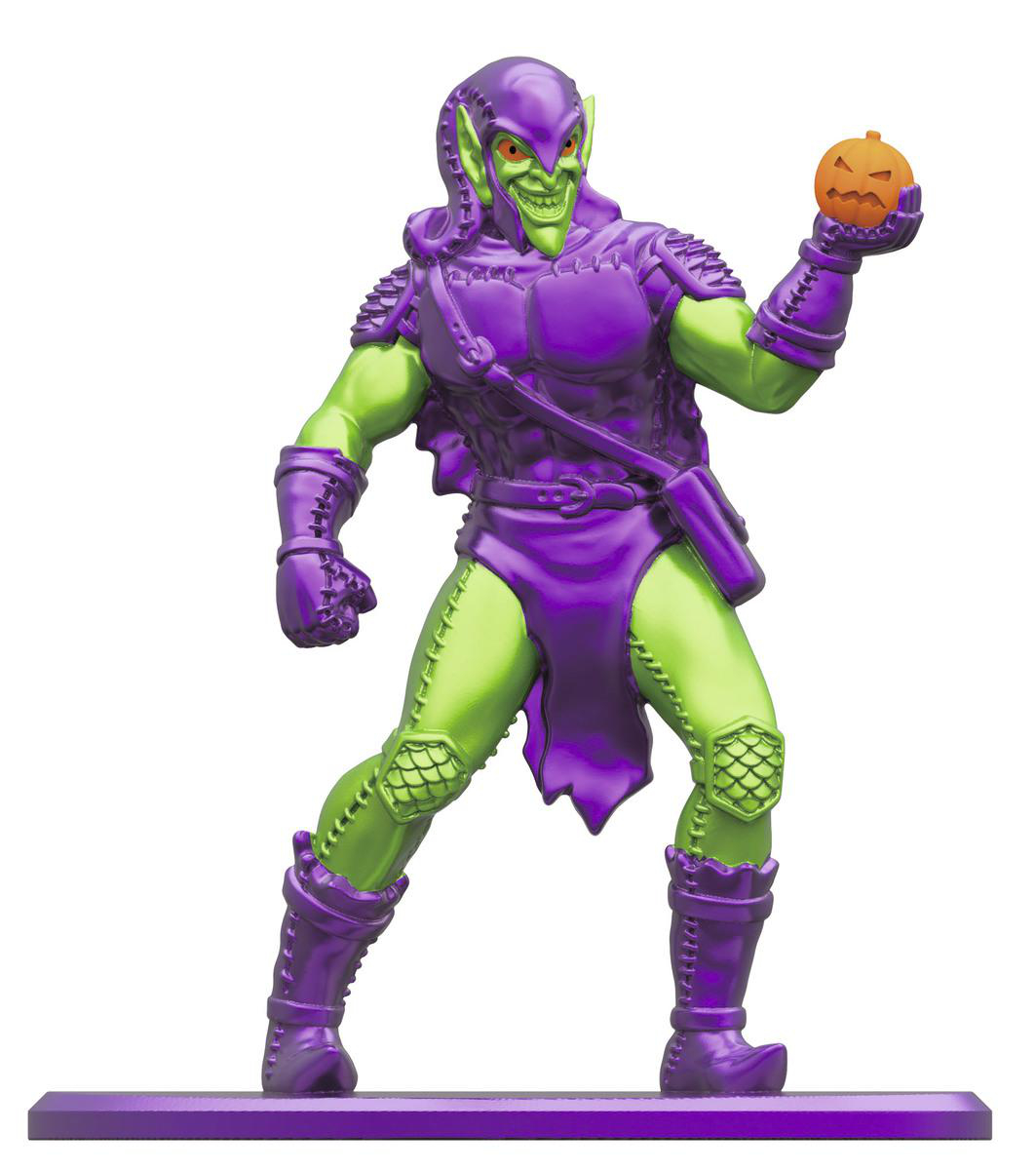 Eine Green Goblin-Figur, die einen Kürbis hält und ein lila Kostüm trägt.