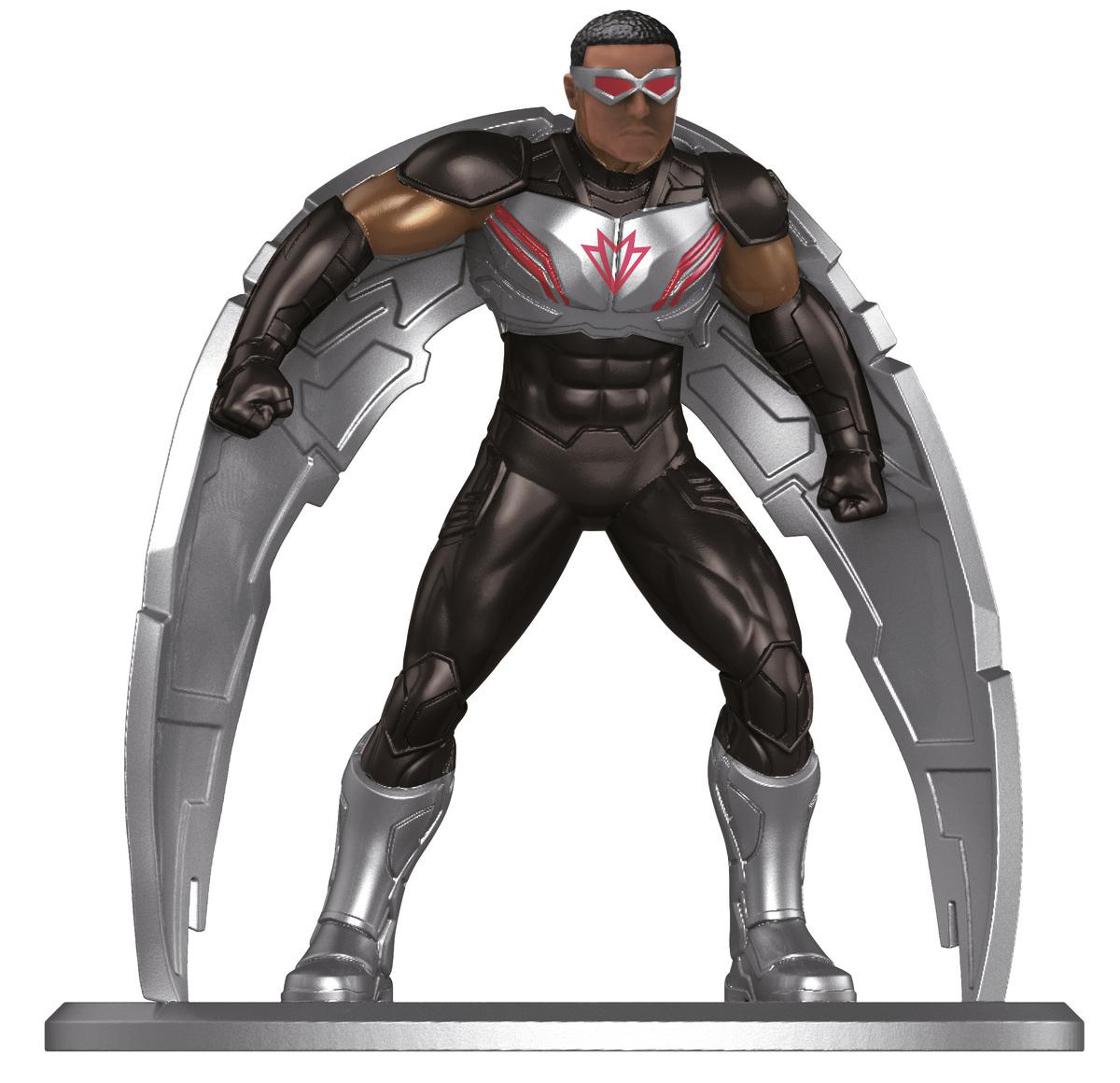 Falcon-Actionfigur, in Schwarz-Silber-Anzug, Flügel ausgebreitet, auf einem Ständer.
