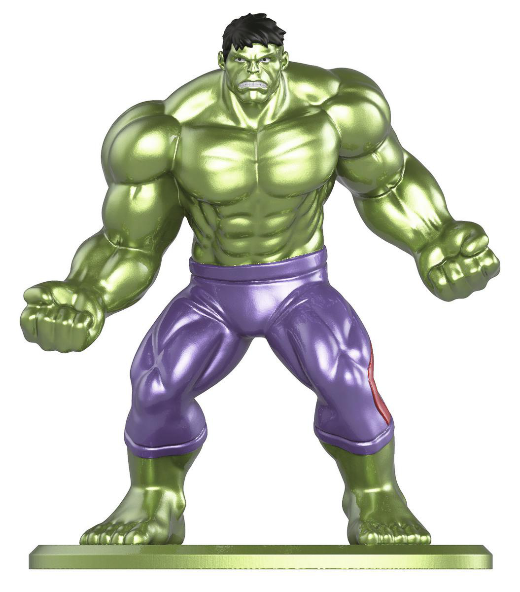 Grüne Hulk-Figur mit lila Hose, steht mit geballten Fäusten. Der Sockel ist auch grün.