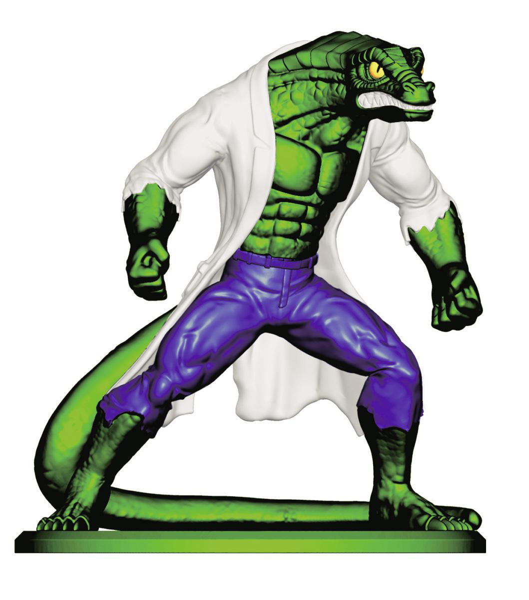 Echsenartiger Superheldenfigur im Laborkittel und lila Hose.