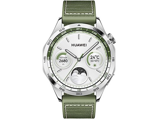 HUAWEI Watch GT 4 (46 mm) - Smartwatch (140-210 mm, Gewebtes Material, Edelstahl/Grün)