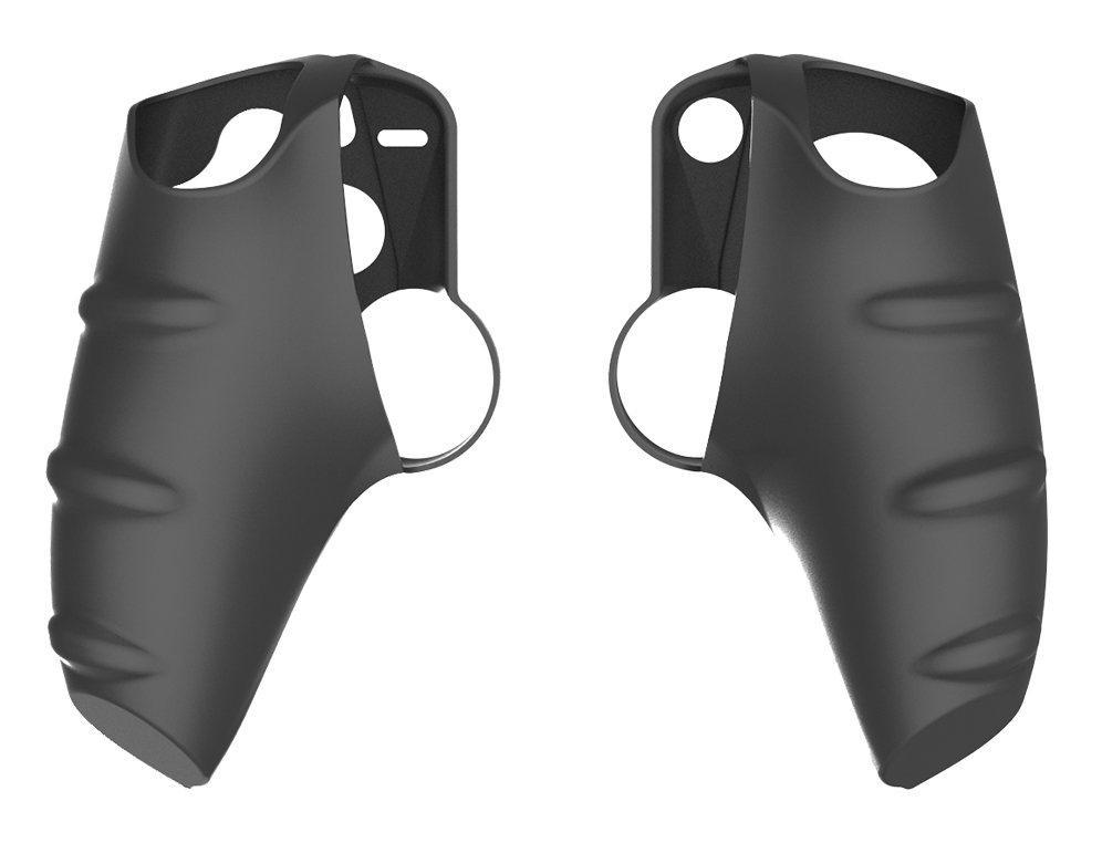 Mandos de realidad virtual negros sobre un fondo blanco, con agarres para los dedos.