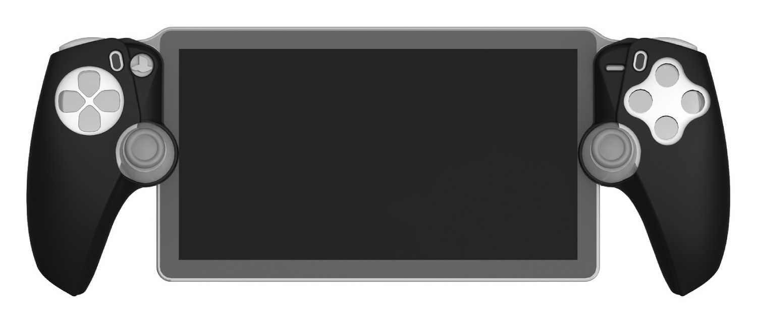 Dispositivo de juego con dos controladores. Pantalla negra, gris. Controladores a ambos lados.