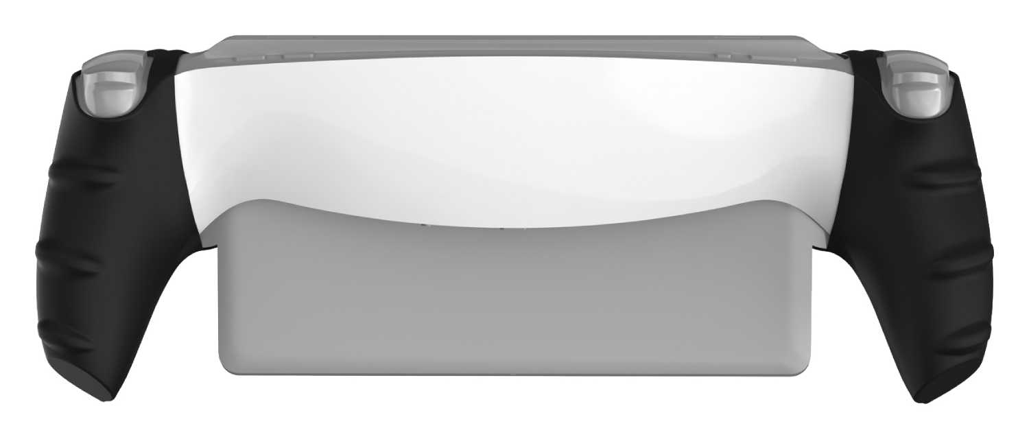 Accesorio para controlador de juegos. Centro blanco, mangos negros. Diseñado para mejorar el agarre y la comodidad al jugar.