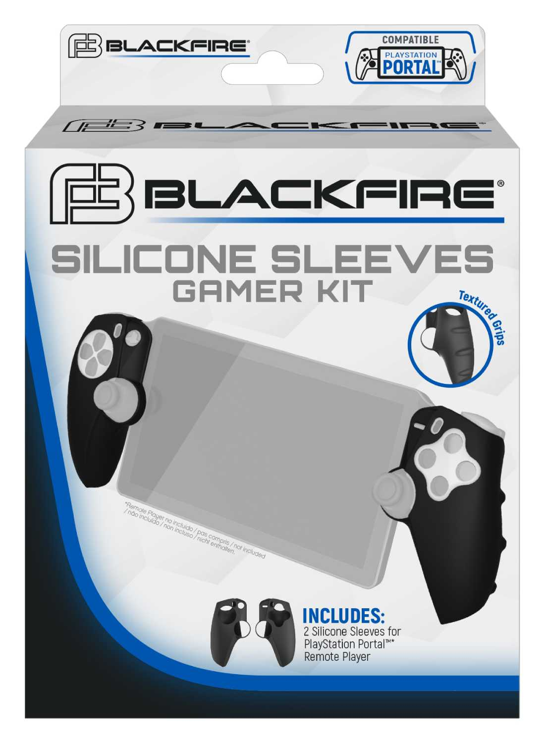 Una caja con un kit de gamer: fundas de silicona negras para un reproductor remoto de PlayStation Portal.
