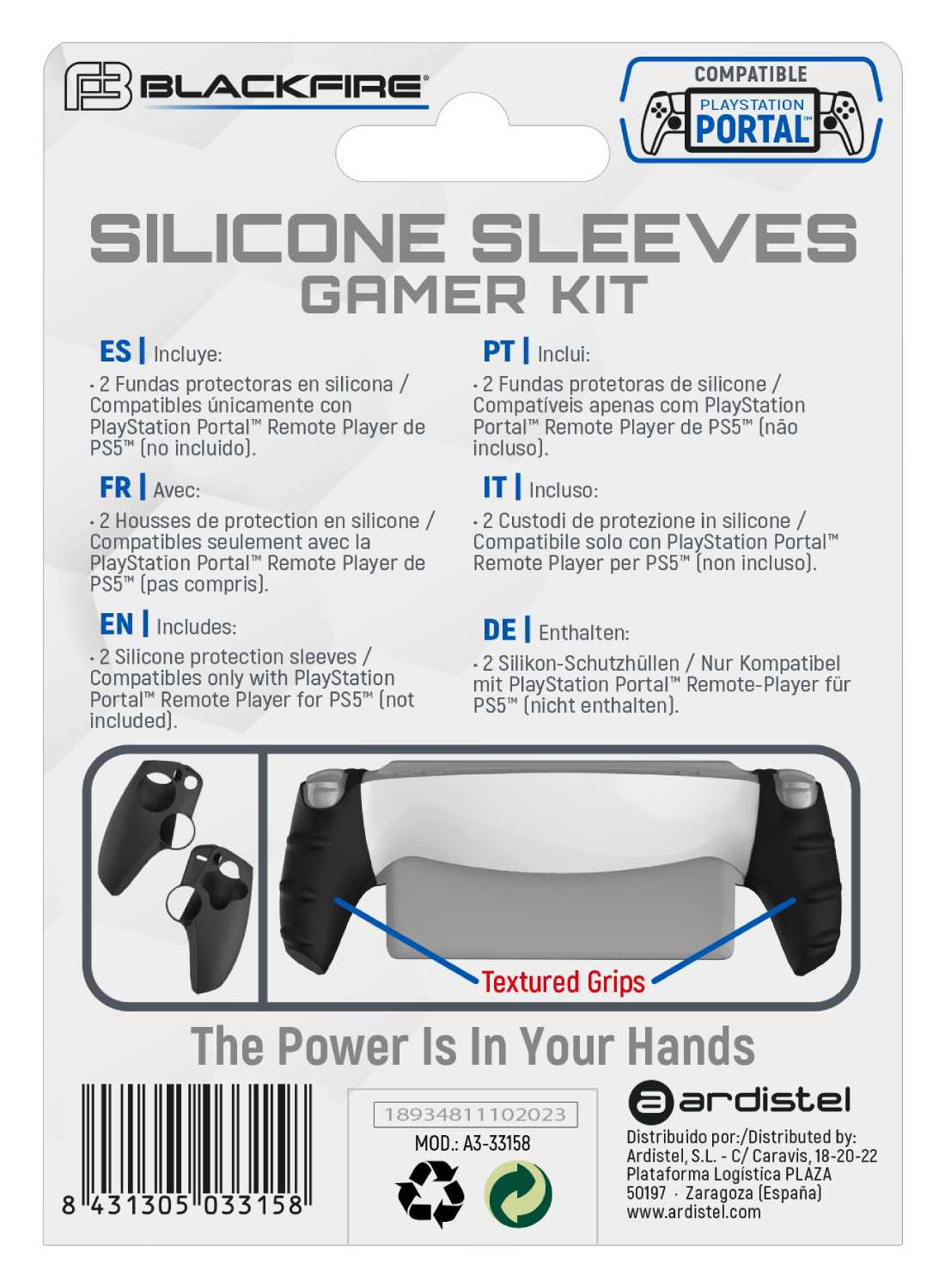 Un paquete de producto con un contorno de controlador. Texto: Kit de jugador de mangas de silicona. Incluye cubiertas.