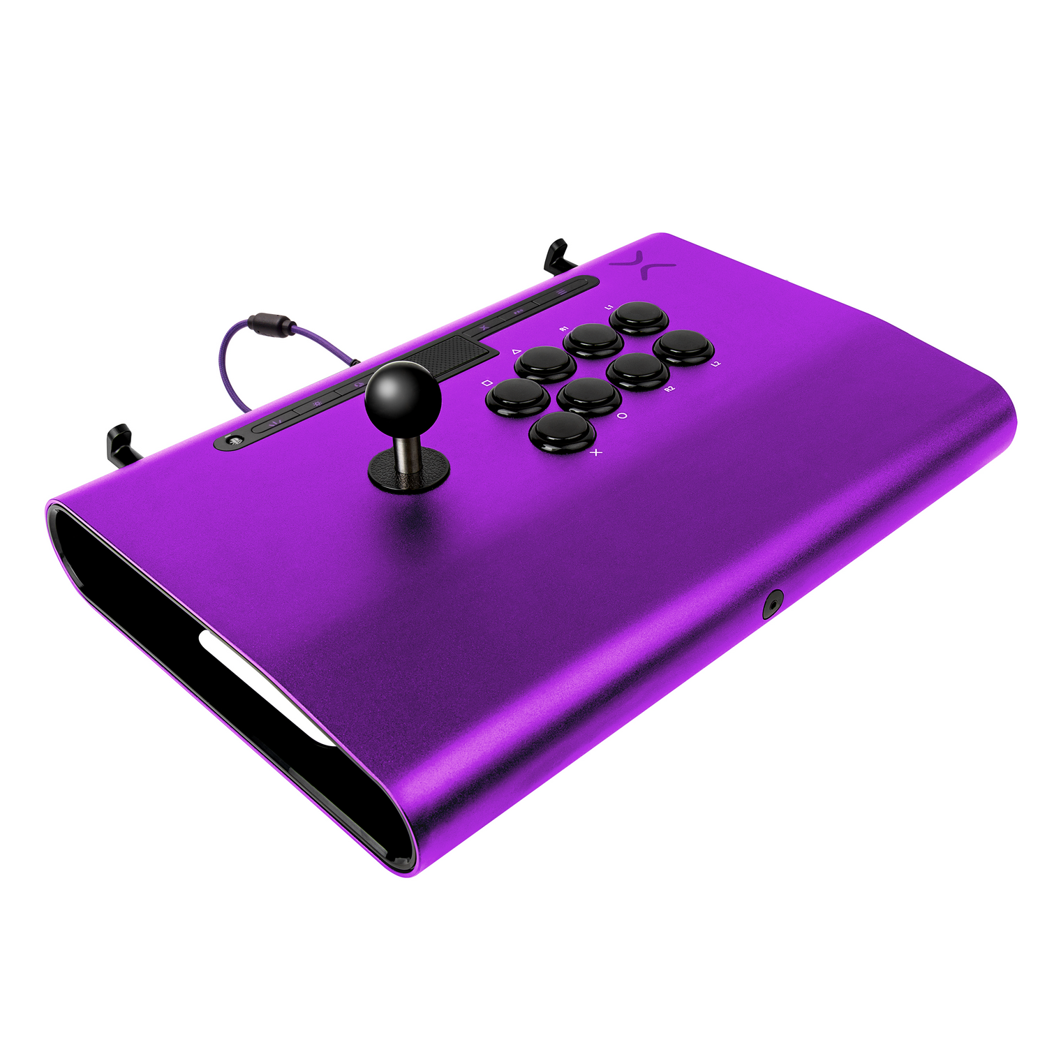 Palanca de arcade púrpura con botones y joystick negros. El dispositivo está sobre una superficie blanca.