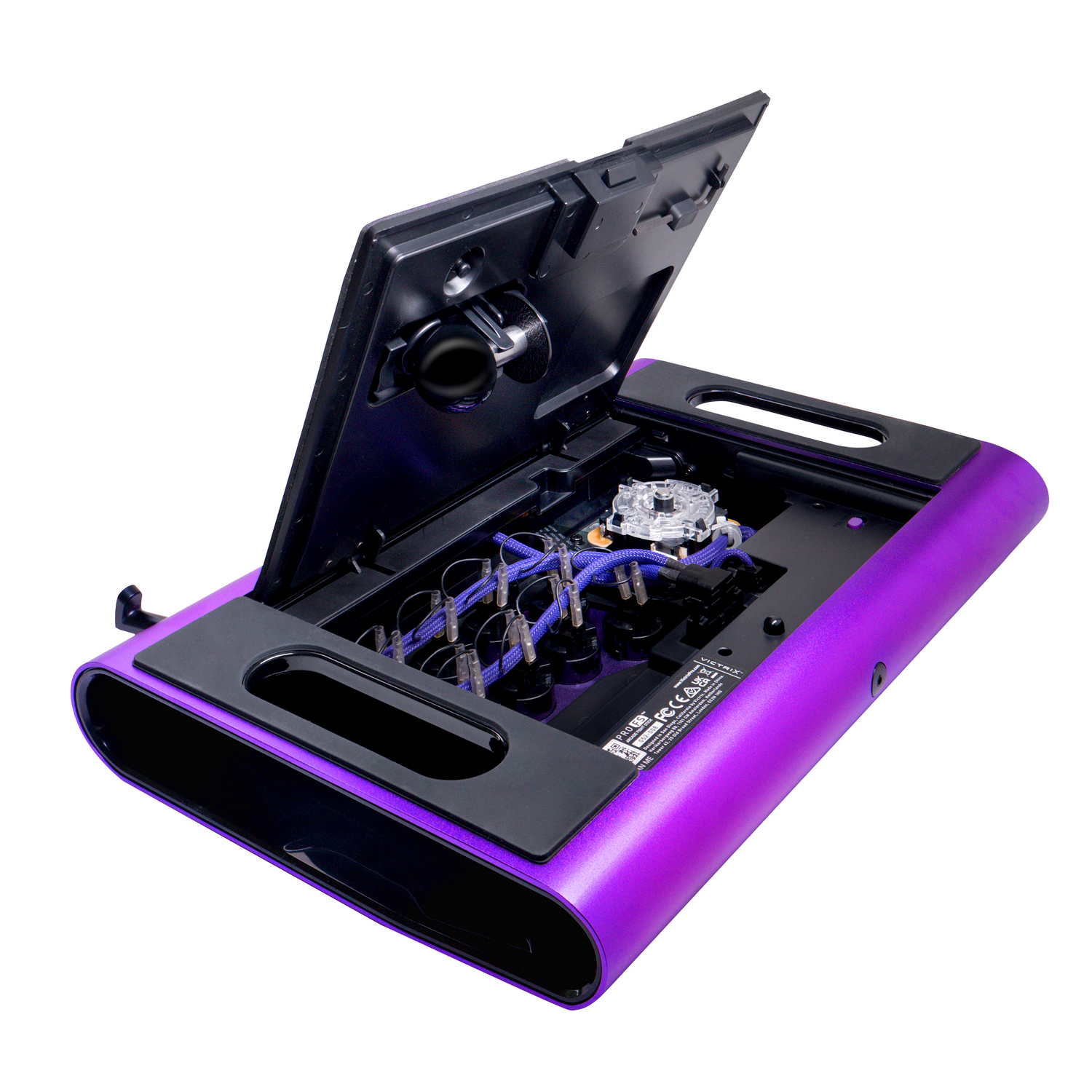 Una palanca de arcade morada con la parte superior abierta, revelando los componentes internos. Se ven cables y un joystick.