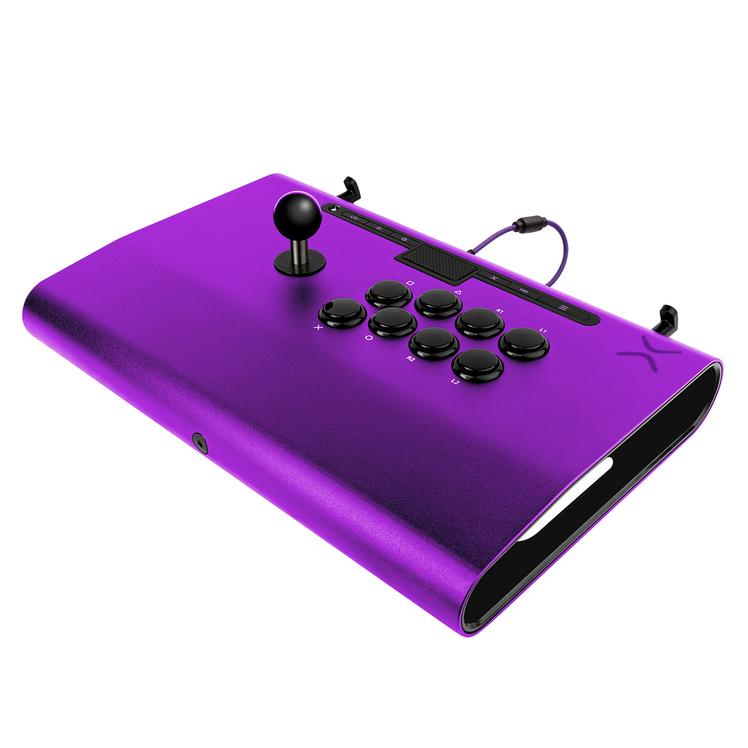 Palanca arcade morada. Joystick y botones negros, diseño curvo.
