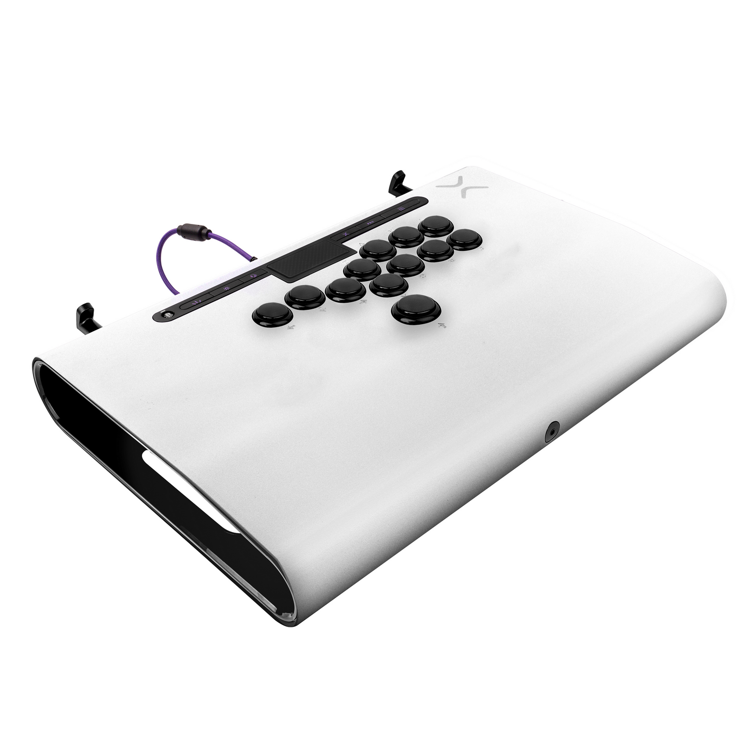 Una palanca de arcade blanca con borde negro. Tiene un joystick, botones y un cable morado.