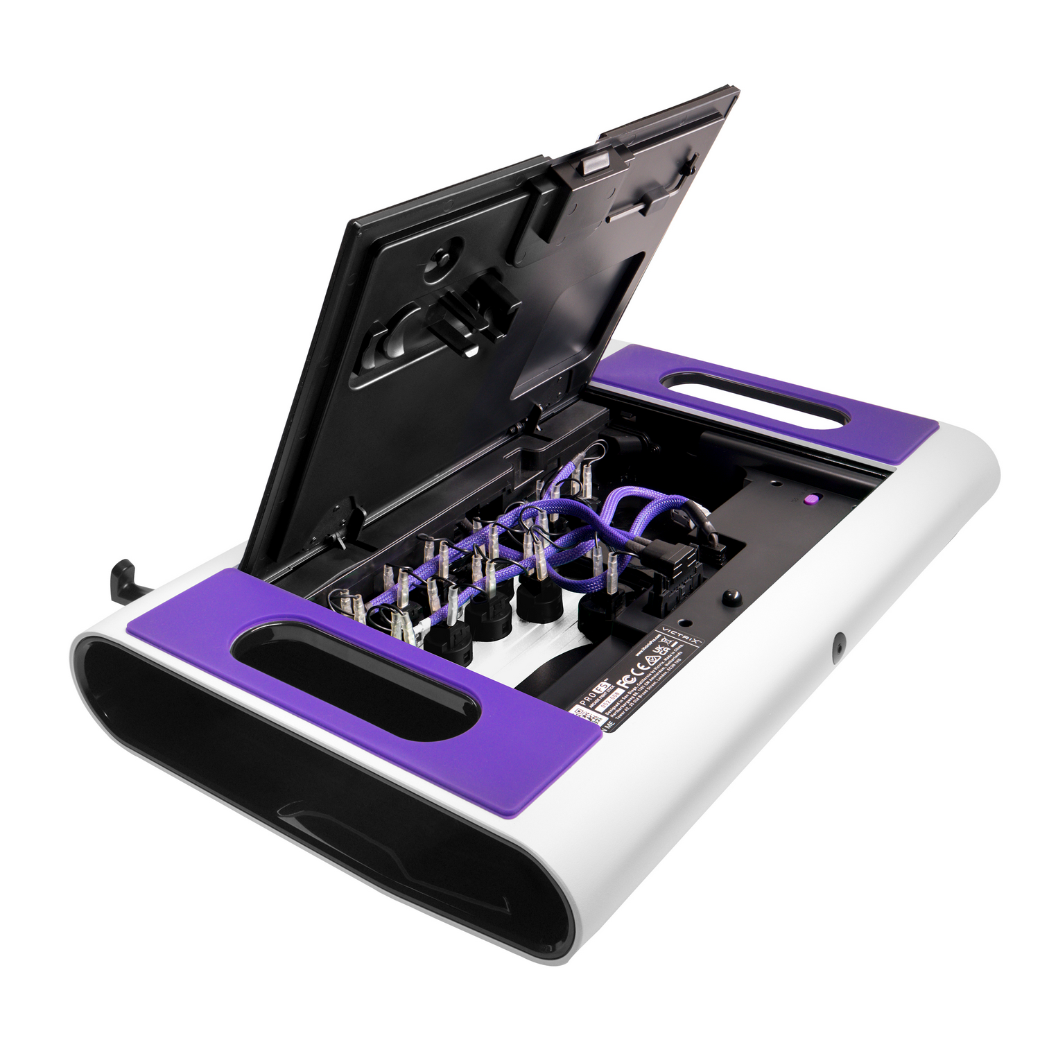 Dispositivo negro y morado abierto con cables y puertos, superficie blanca.