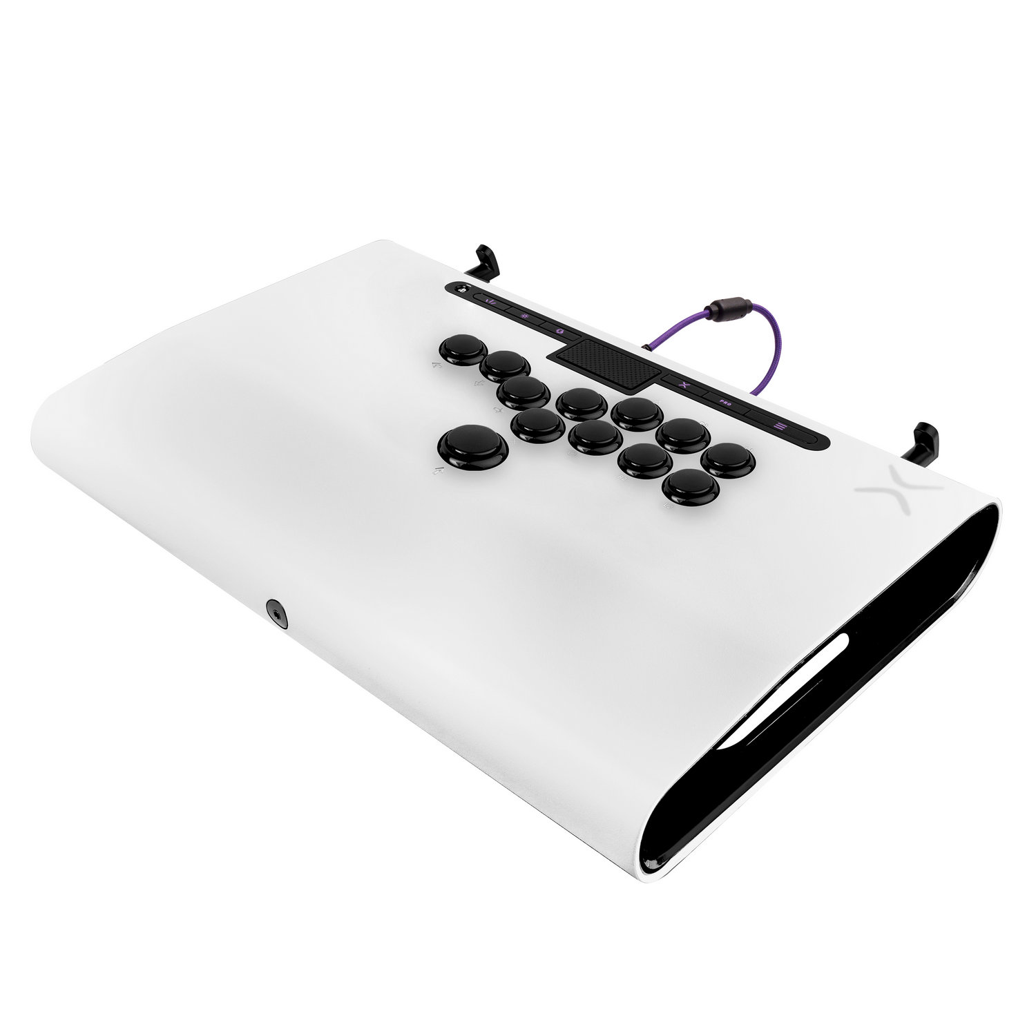 Una palanca de arcade blanca con botones negros y un cable morado. Tiene un diseño elegante y moderno.