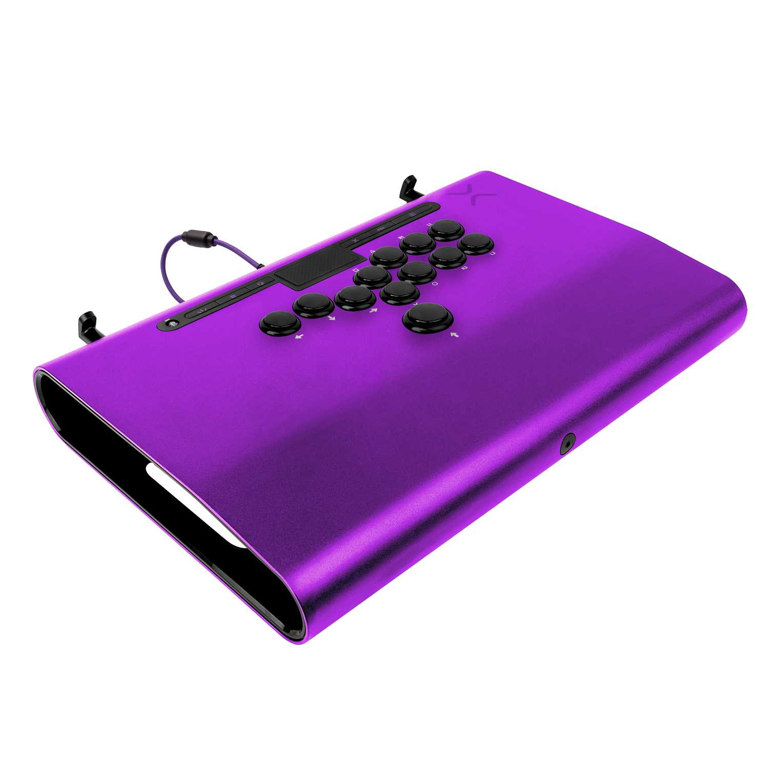 Un mando arcade morado con botones negros y un joystick negro. Tiene un cable negro conectado.