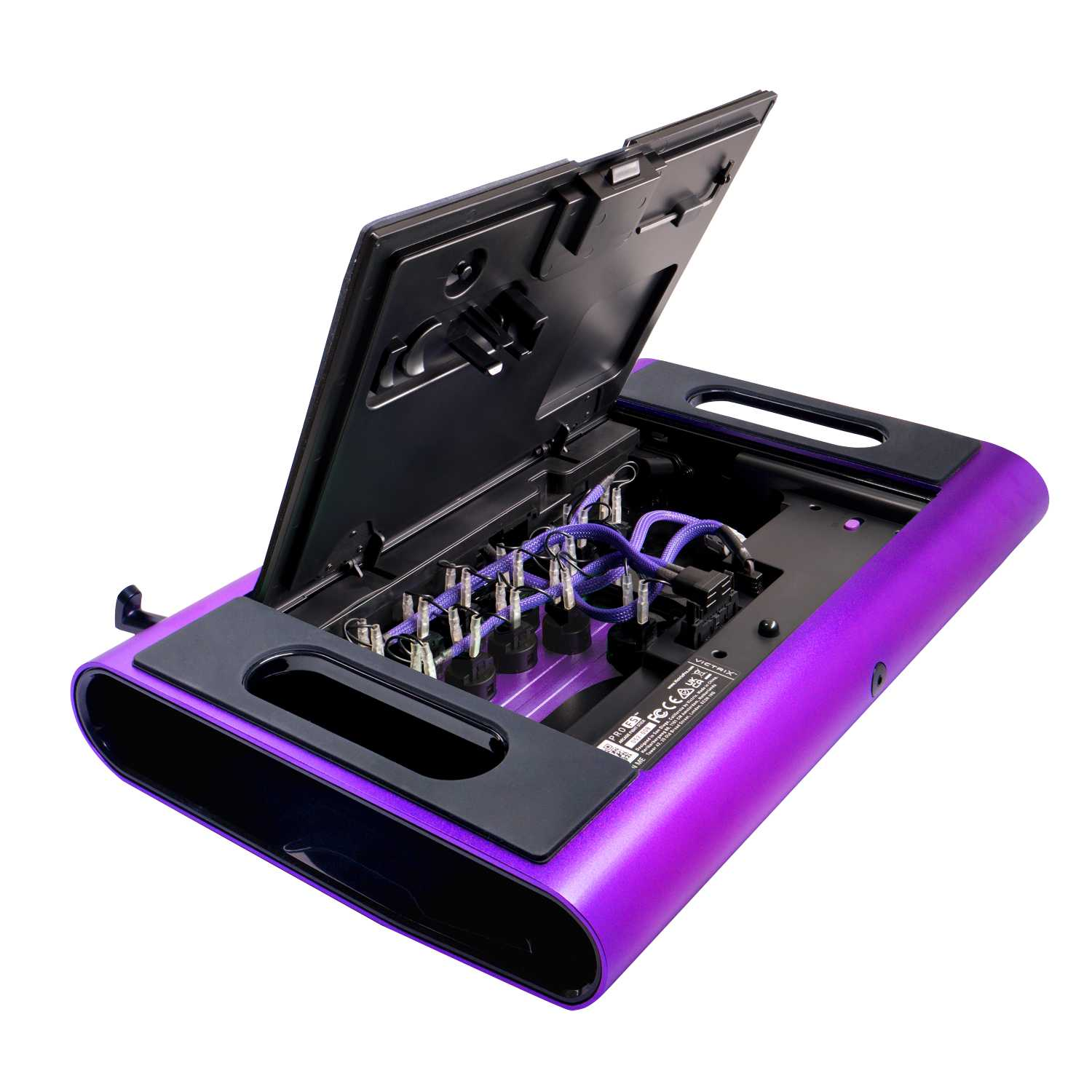 Un dispositivo morado con una tapa negra abierta, que revela componentes internos y cables azules. El dispositivo está sobre un fondo blanco.