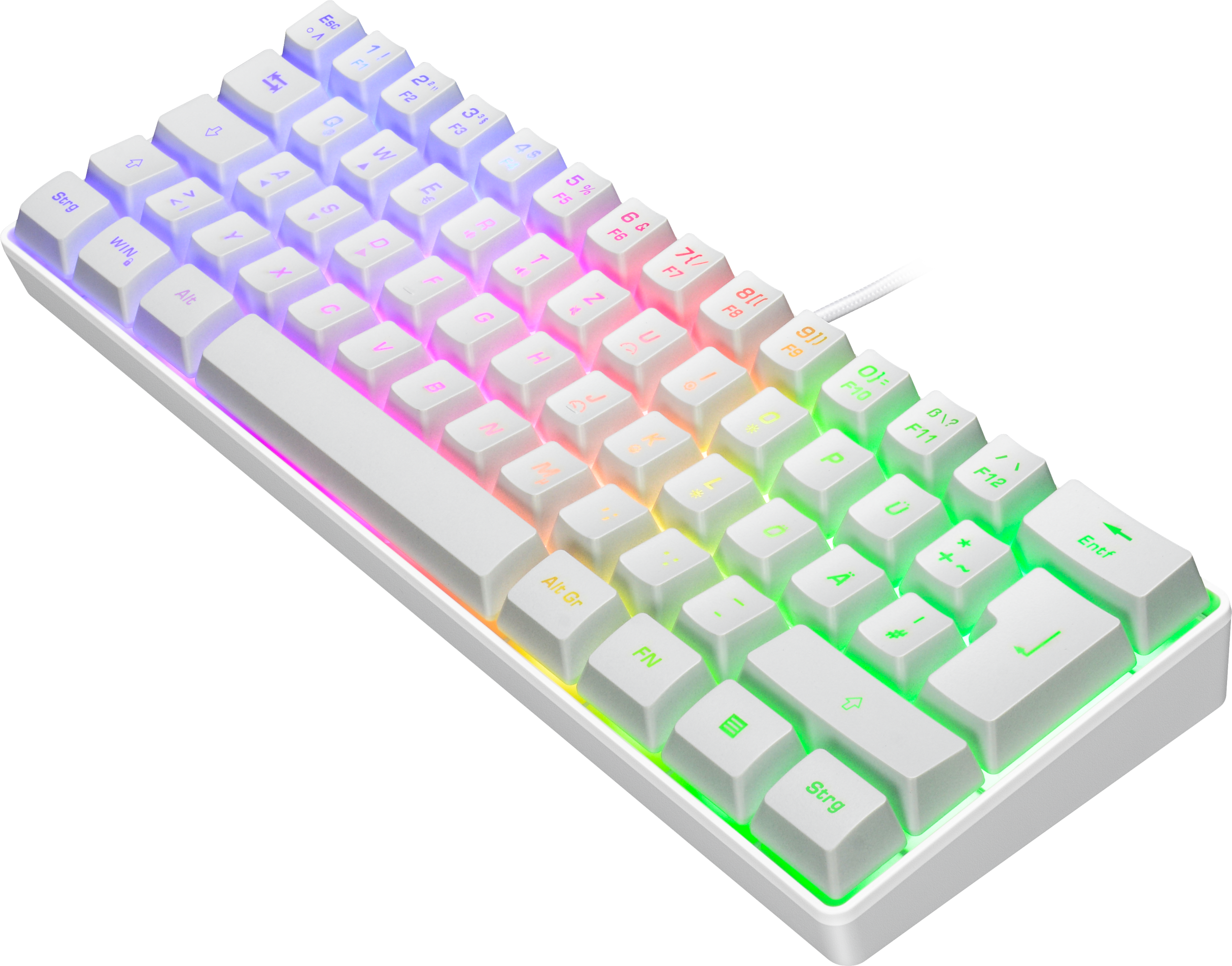 Weiße Tastatur mit bunten Tasten. Die Tasten sind weiß mit Regenbogen-Hintergrundbeleuchtung. Ein Kabel ist eingesteckt.