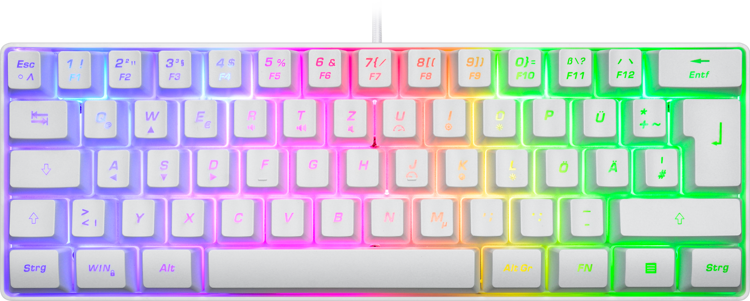 Weiße Tastatur mit regenbogenfarbenen Tasten.