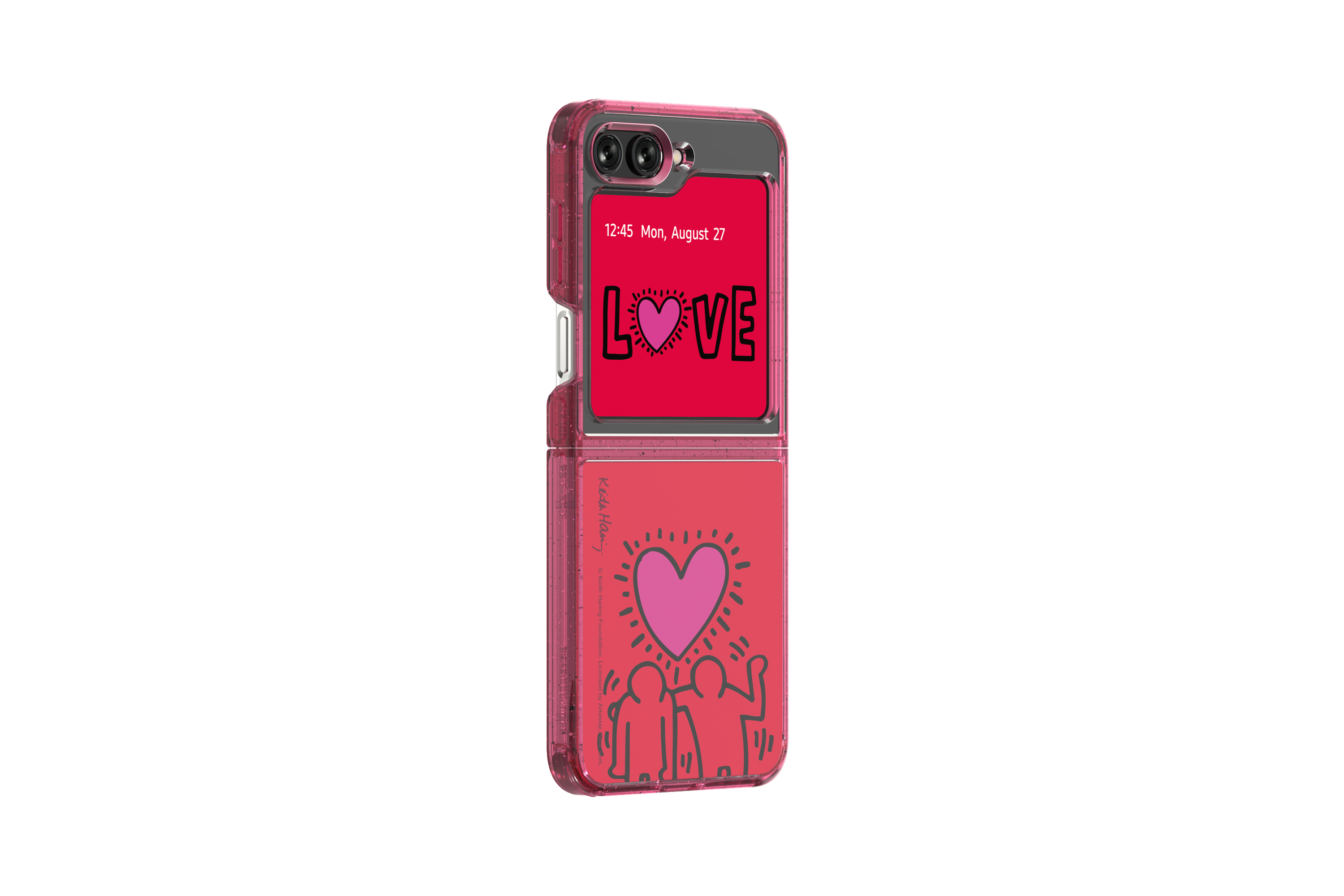 Rosa Keith Haring Handyhülle, roter Bildschirm zeigt Liebe.