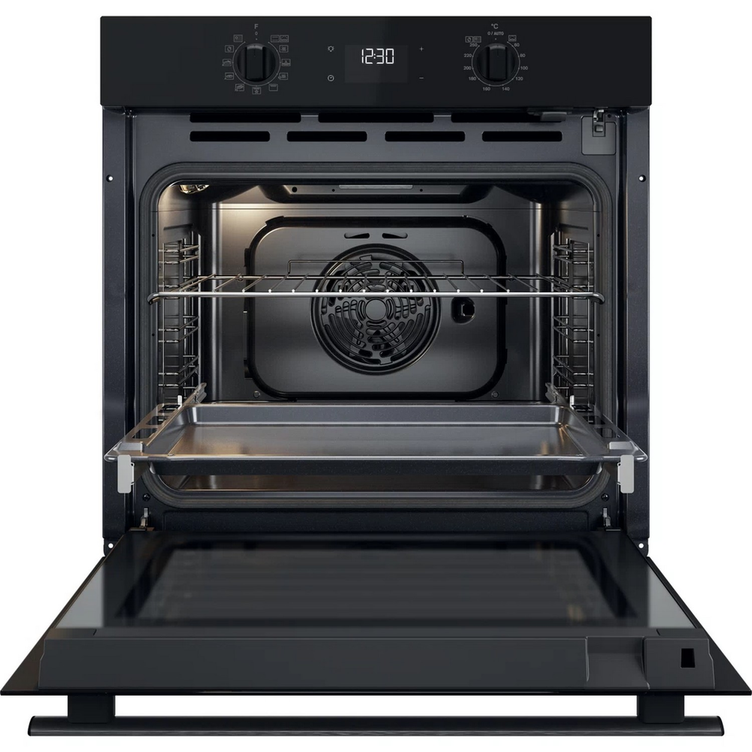 Black oven with opened door. Interior shows racks, fan, and baking tray.