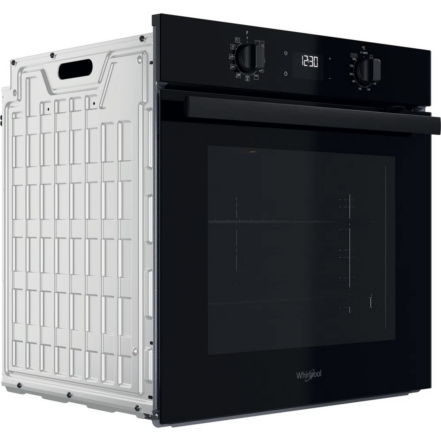 Black built-in oven with control knobs and display, showing 12:30, and a stainless steel back panel.
