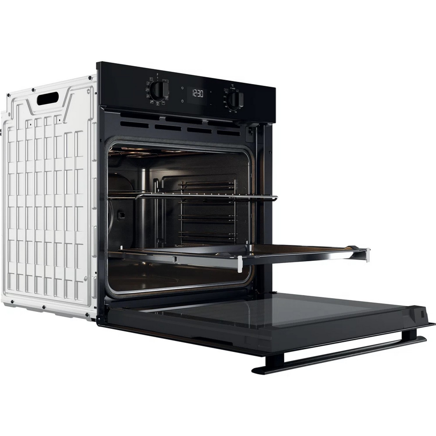 Black oven with open door, interior visible. White background.