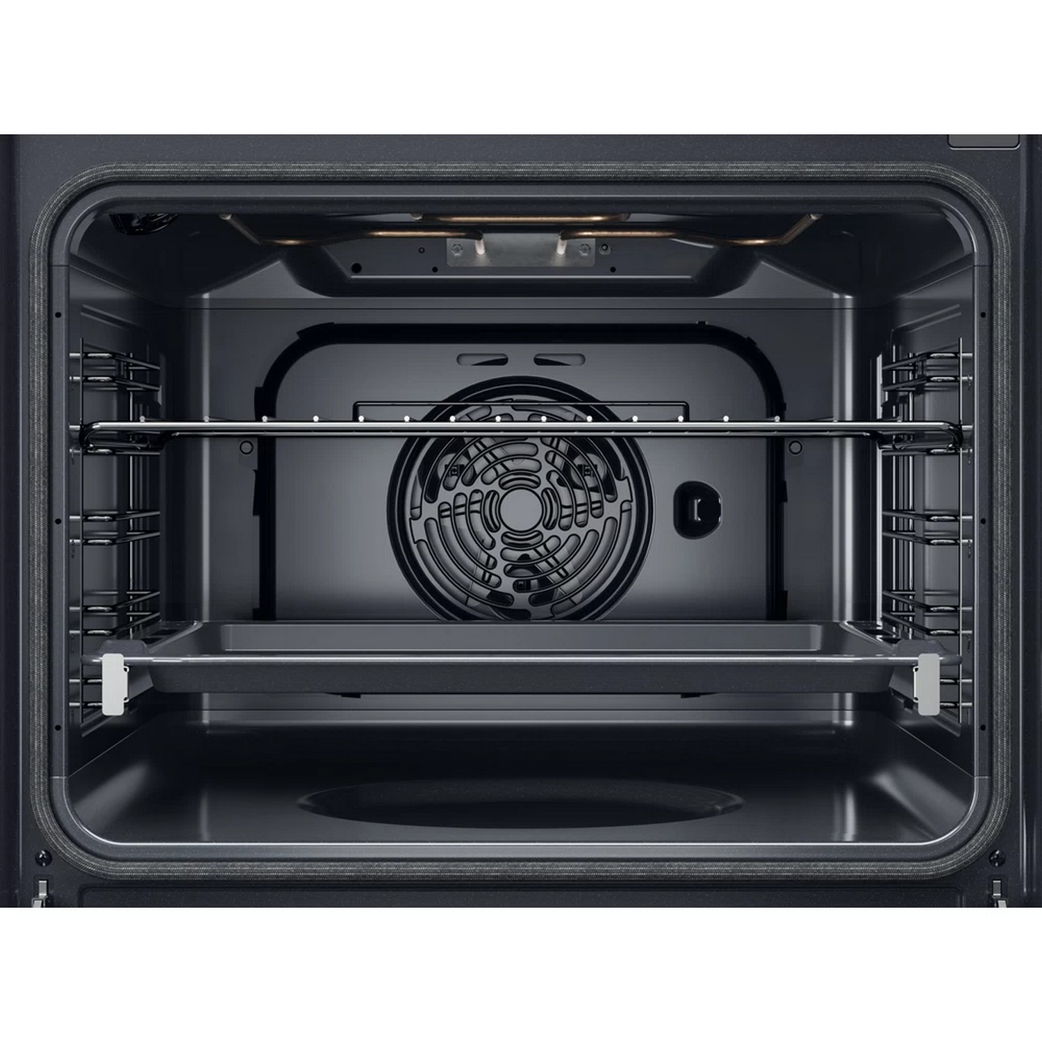 Inside of a black oven with a fan and tray.