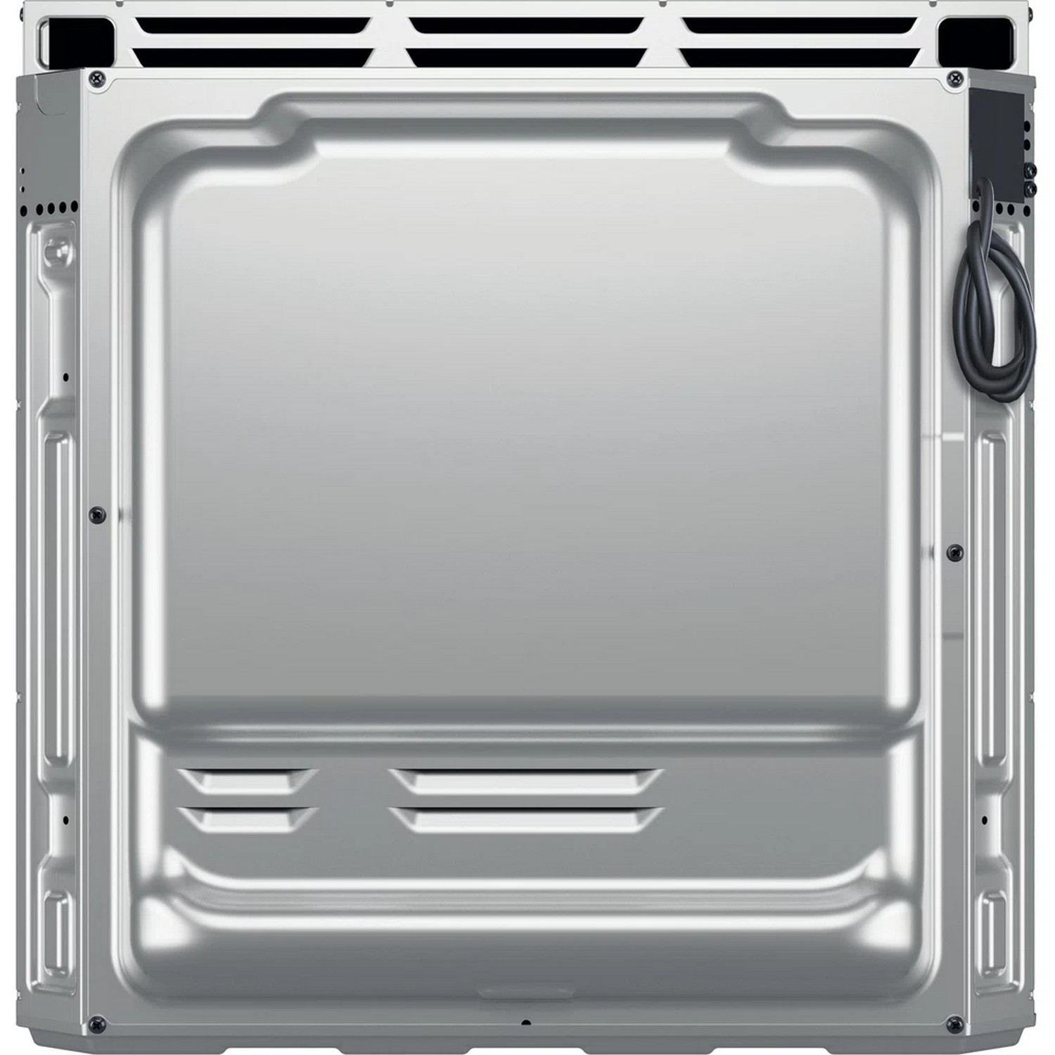 Back view of a metal oven. The back is a light grey, with a power cord attached.