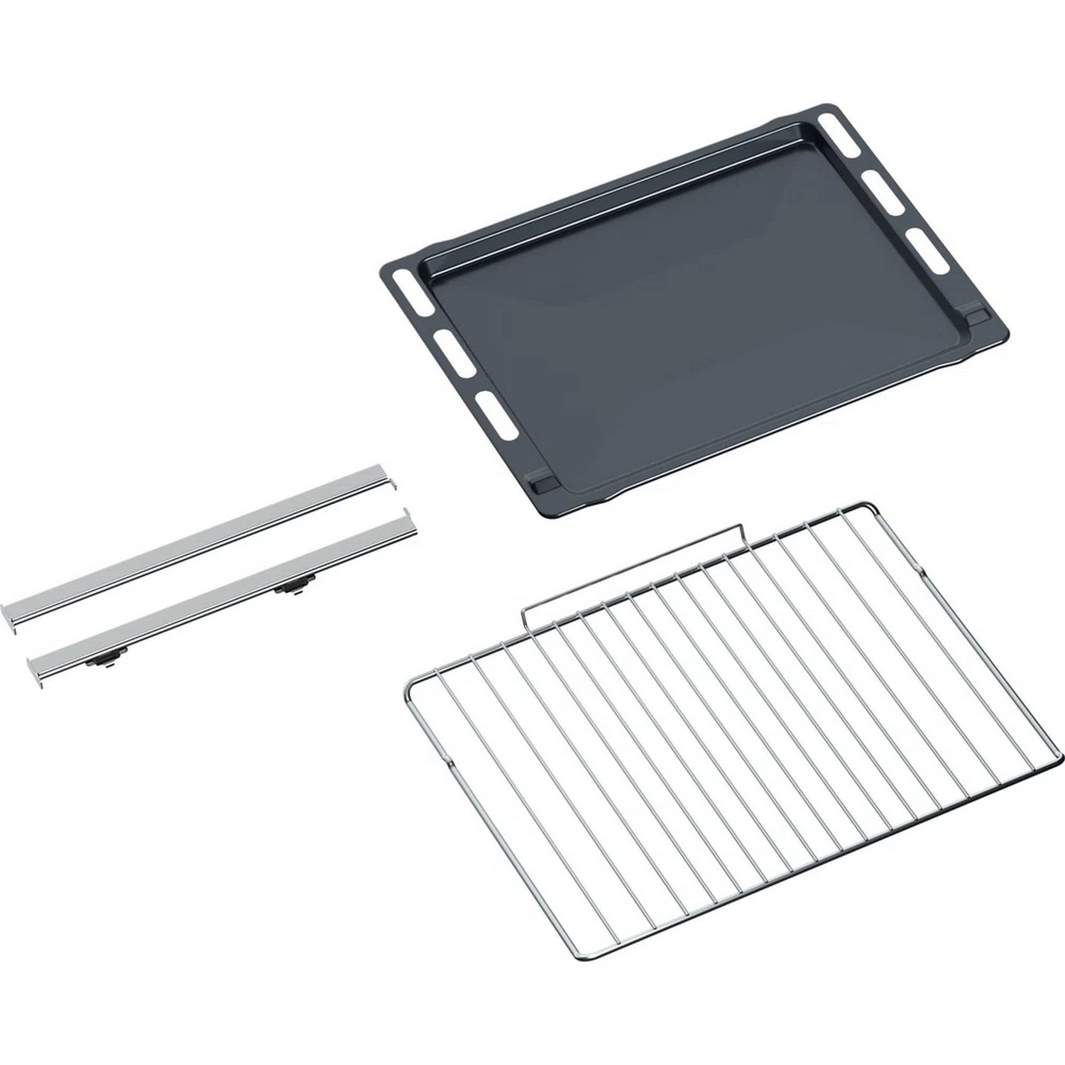 Oven accessories: a baking tray, a wire rack, and two support rails.