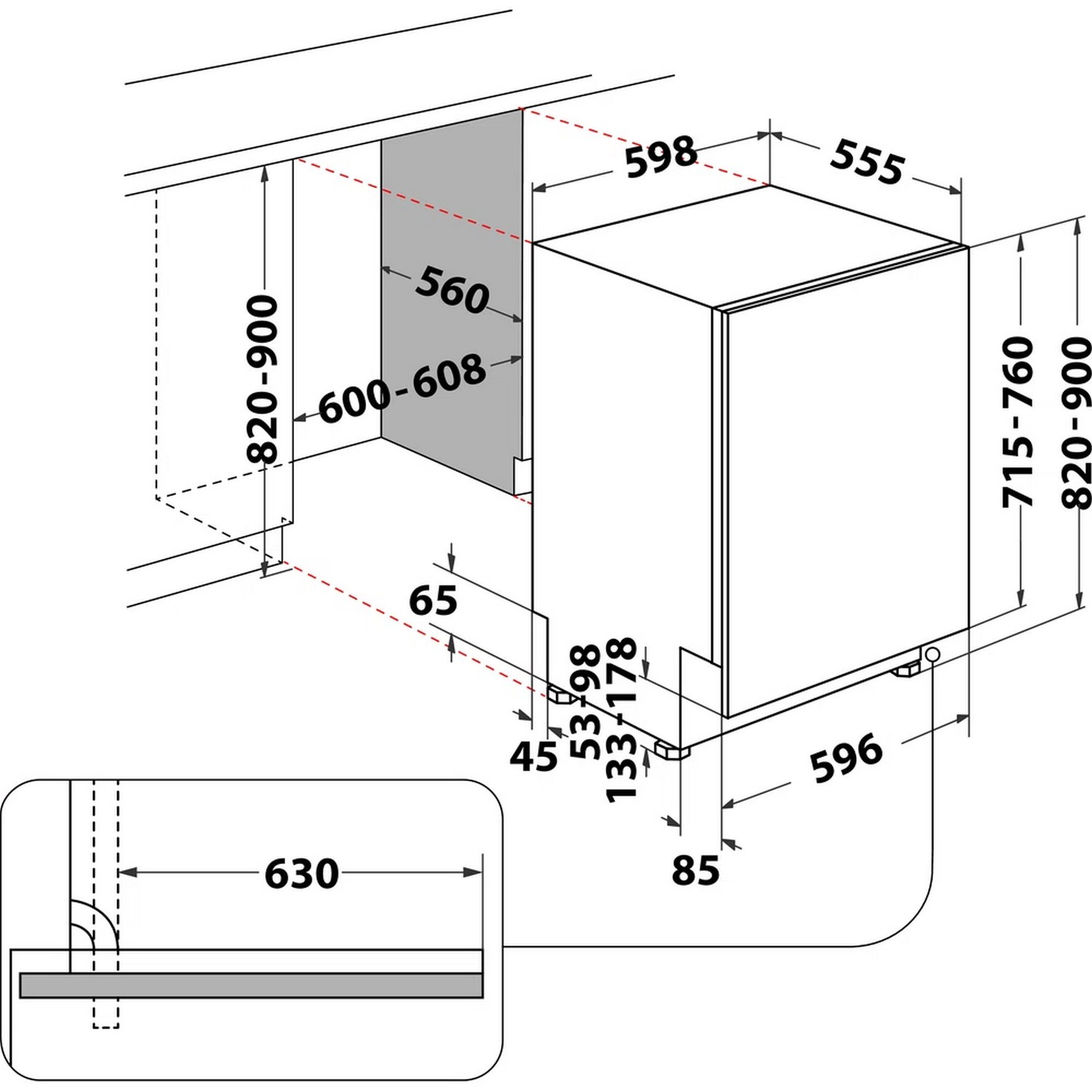 Schéma avec mesures d'un lave-vaisselle encastrable, montrant les dimensions et l'installation.